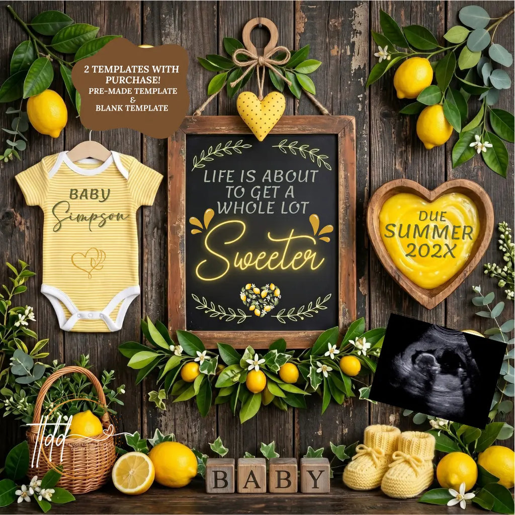 Life is About to Get A Whole Lot Sweeter, Digital Pregnancy Announcement, Customizable Lemons Fruit Themed, Canva Instant Download Editable Template - TailoredTreasuresDigitalDesigns™