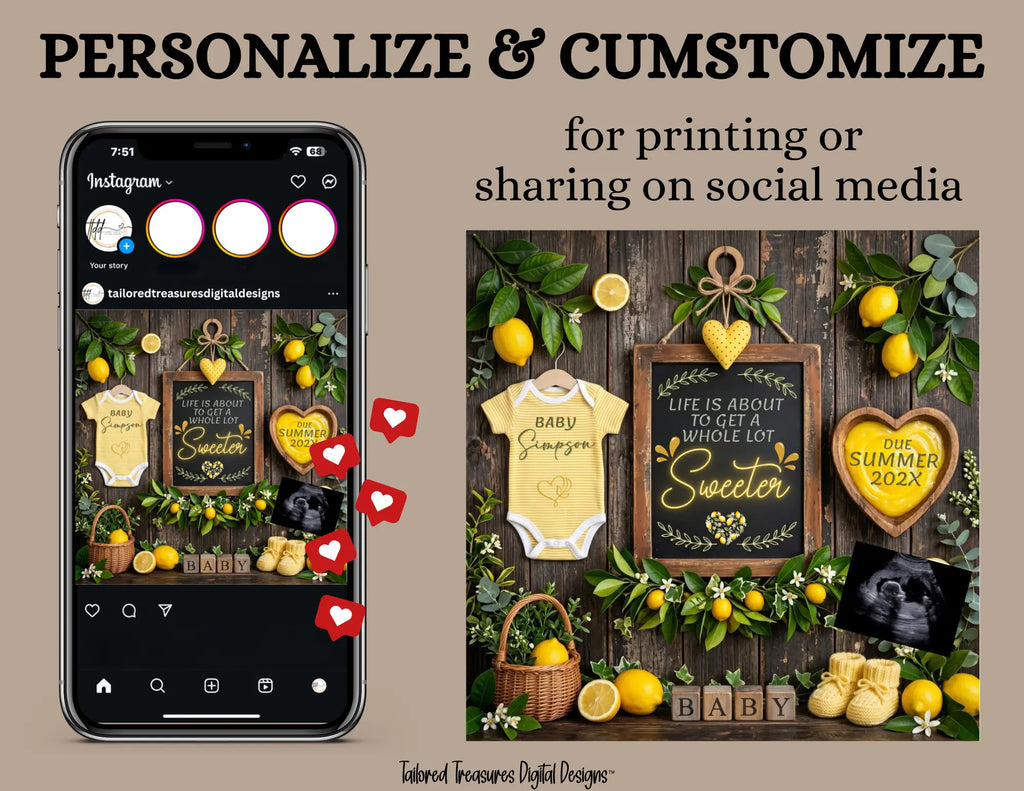 Life is About to Get A Whole Lot Sweeter, Digital Pregnancy Announcement, Customizable Lemons Fruit Themed, Canva Instant Download Editable Template - TailoredTreasuresDigitalDesigns™