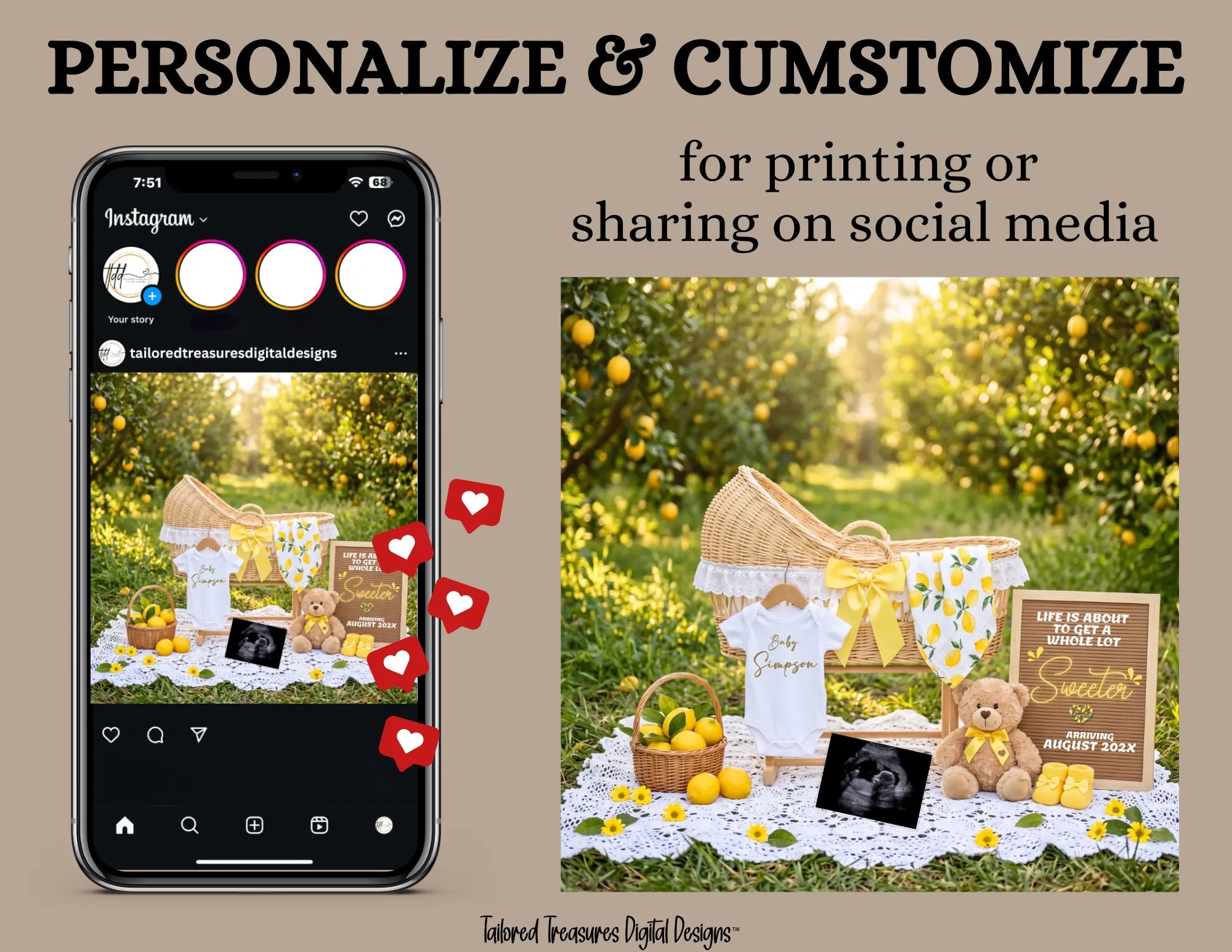 Life is About to Get a Whole Lot Sweeter – Lemon Pregnancy Announcement Template, Editable Canva Digital Download TailoredTreasuresDigitalDesigns™