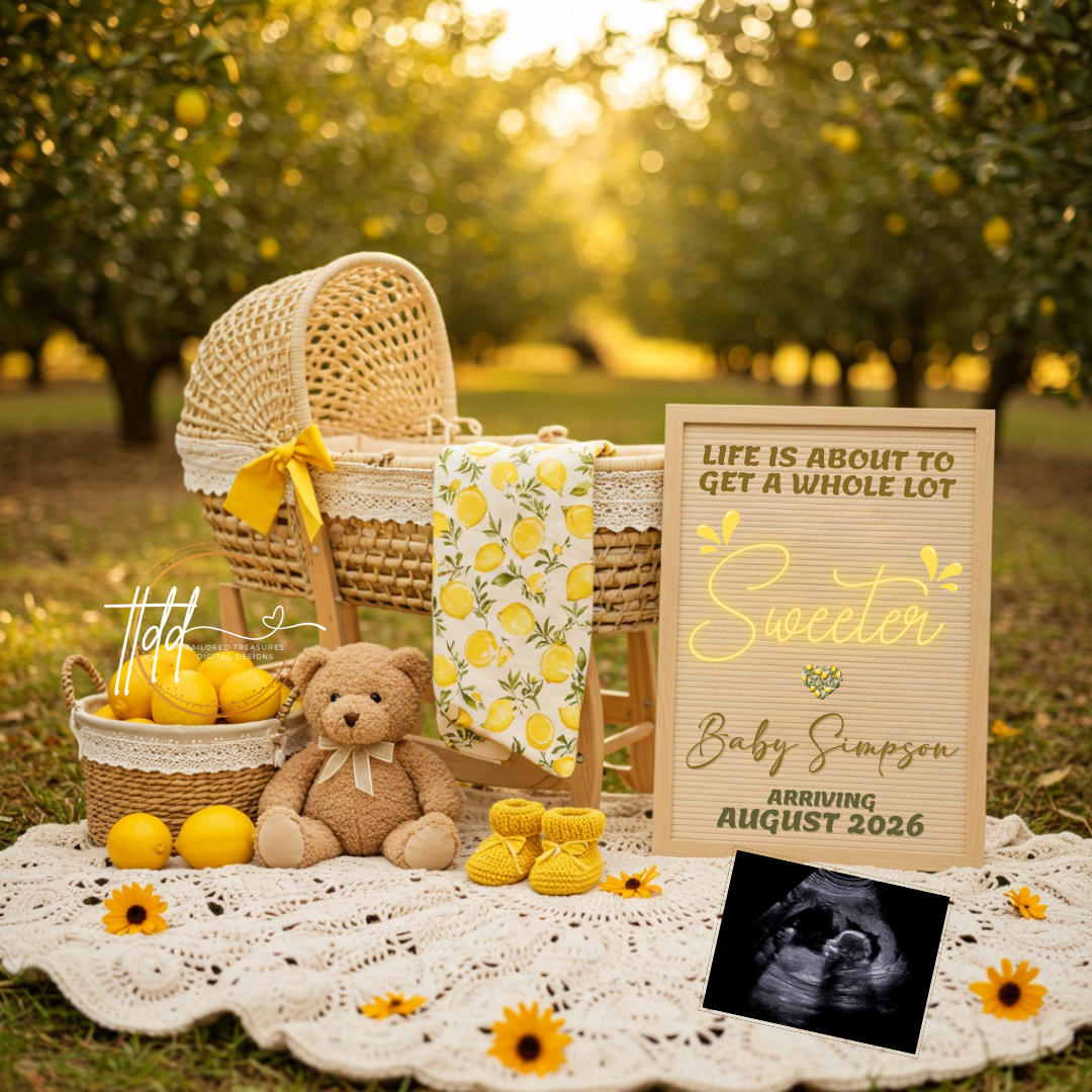 Baby reveal setup with wicker bassinet, teddy bear, lemon-themed blanket, and personalized sign outdoors.