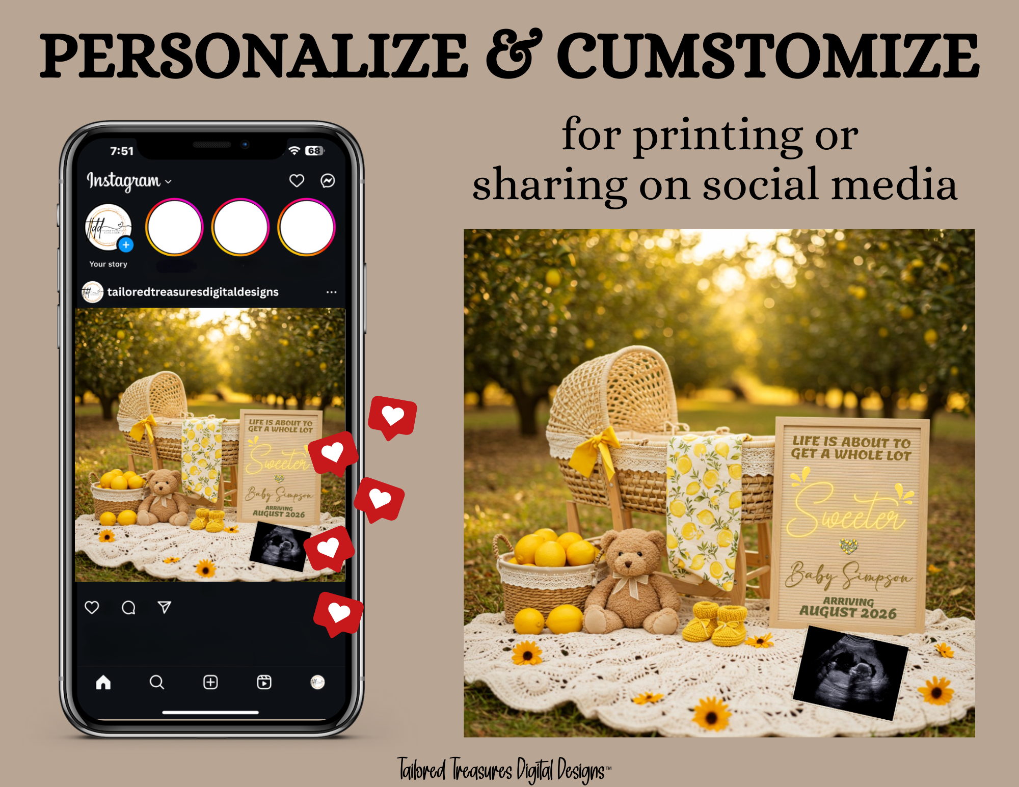 Phone screen with social media interface and outdoor scene with picnic setup and baby shower decorations.