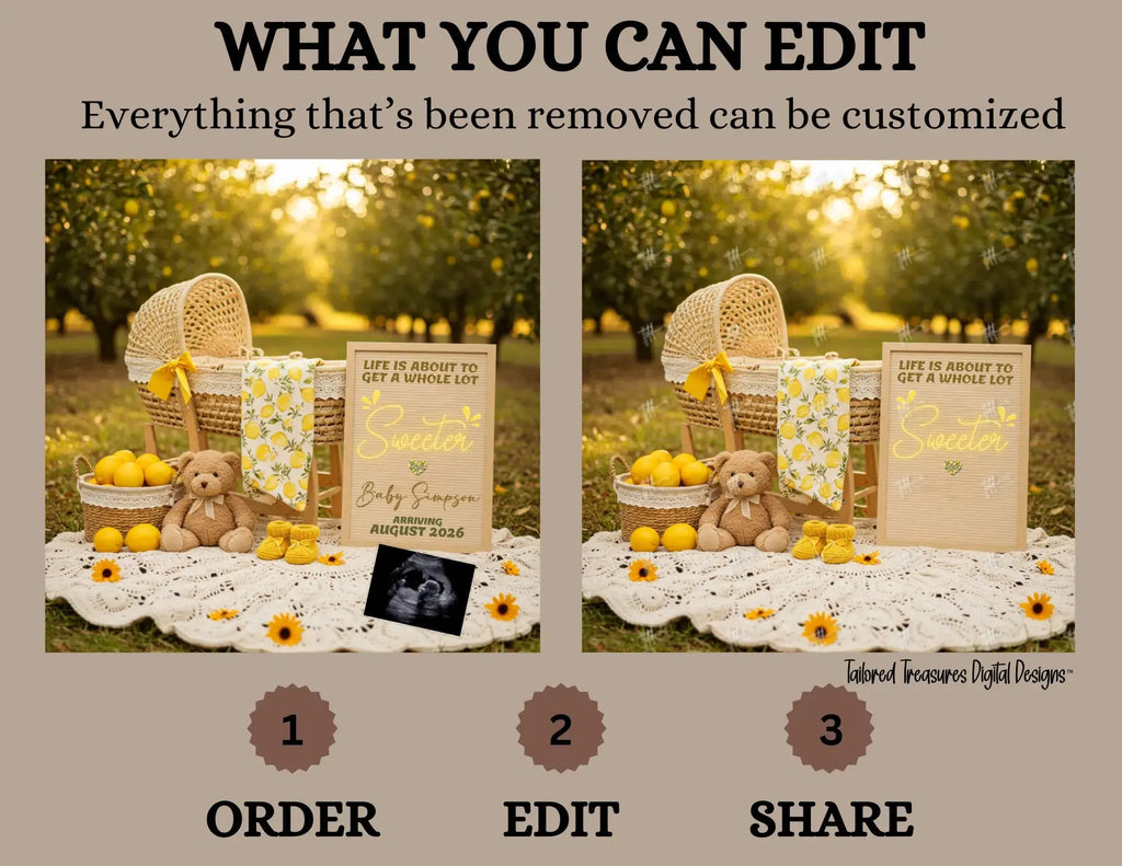 Life is About to Get A Whole Lot Sweeter, Spring Lemons Digital Pregnancy Announcement, Customizable Editable Template TailoredTreasuresDigitalDesigns™