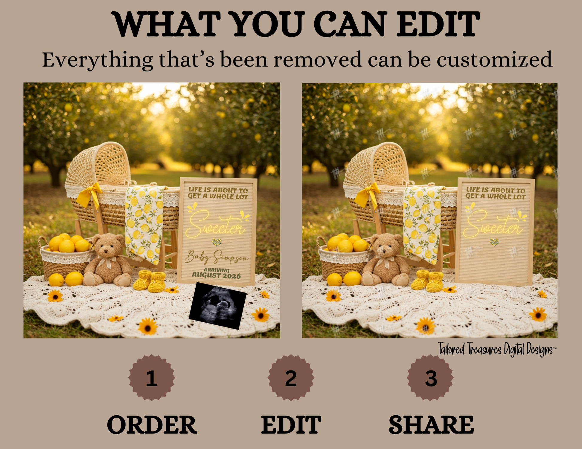 Promotional graphic for photo editing software with a picnic scene and customizable elements.