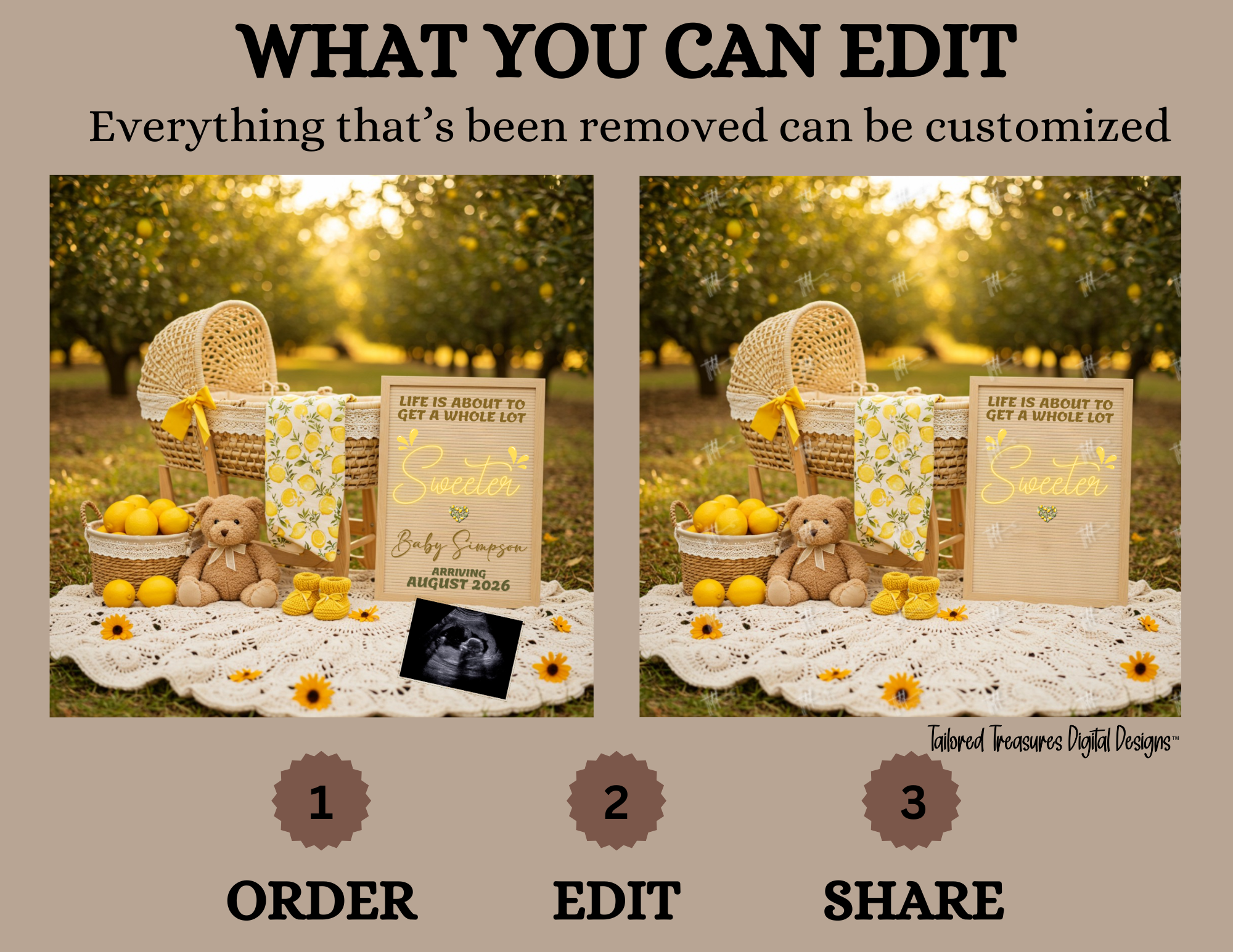 Promotional graphic for photo editing software with a picnic scene and customizable elements.