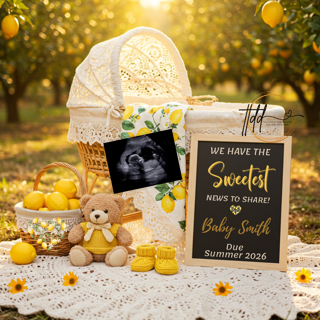 Baby Reveal with a crib, teddy bear, ultrasound photo, and sign in an outdoor lemon orchard.