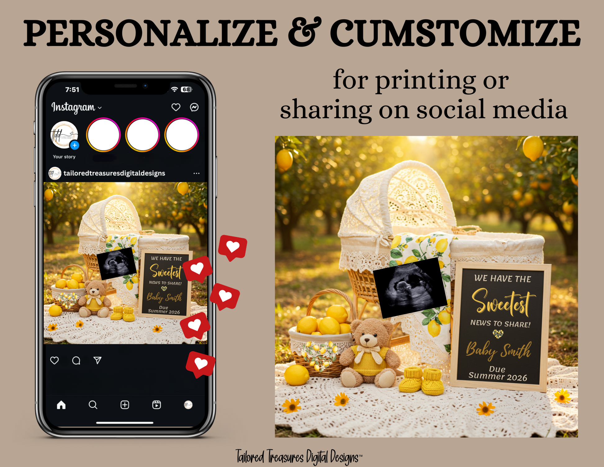 Phone screen with Instagram interface and printed photo of a baby shower setup with balloons and teddy bear.