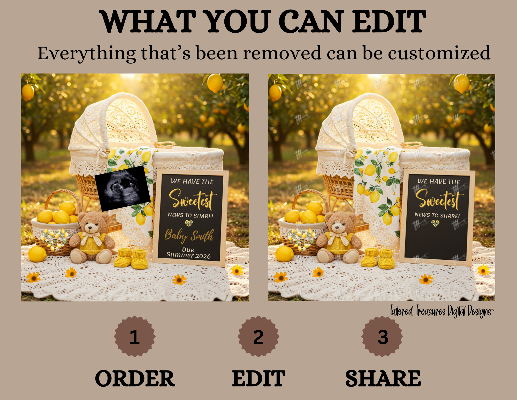 Digital design software interface showing a customizable photo editing process with text overlay.