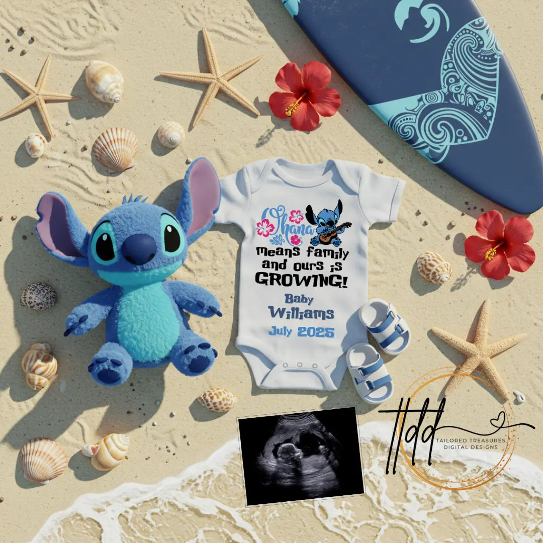Digital Pregnancy Announcement, Ohana Means Family & Ours is Growing, Customizable Lilo & Stitch Themed, Personalized Editable Template TailoredTreasuresDigitalDesigns™