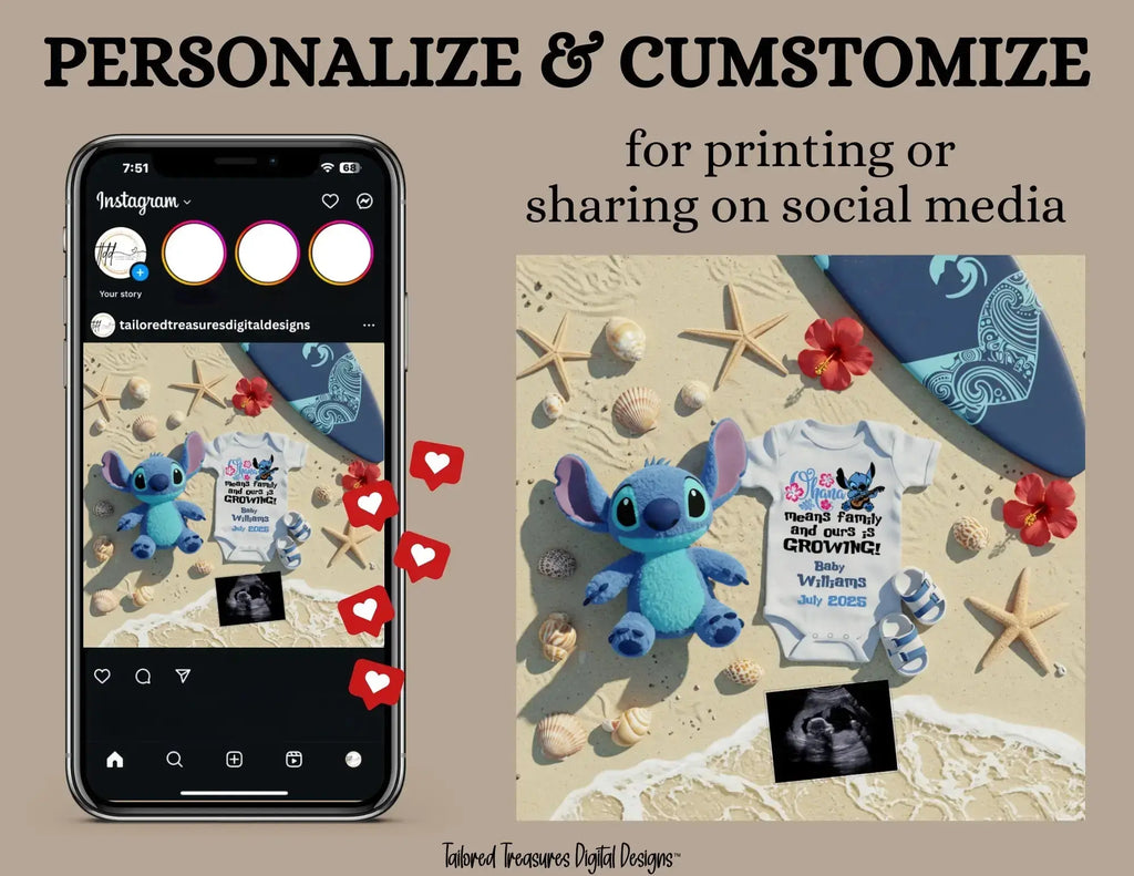 Digital Pregnancy Announcement, Ohana Means Family & Ours is Growing, Customizable Lilo & Stitch Themed, Personalized Editable Template TailoredTreasuresDigitalDesigns™