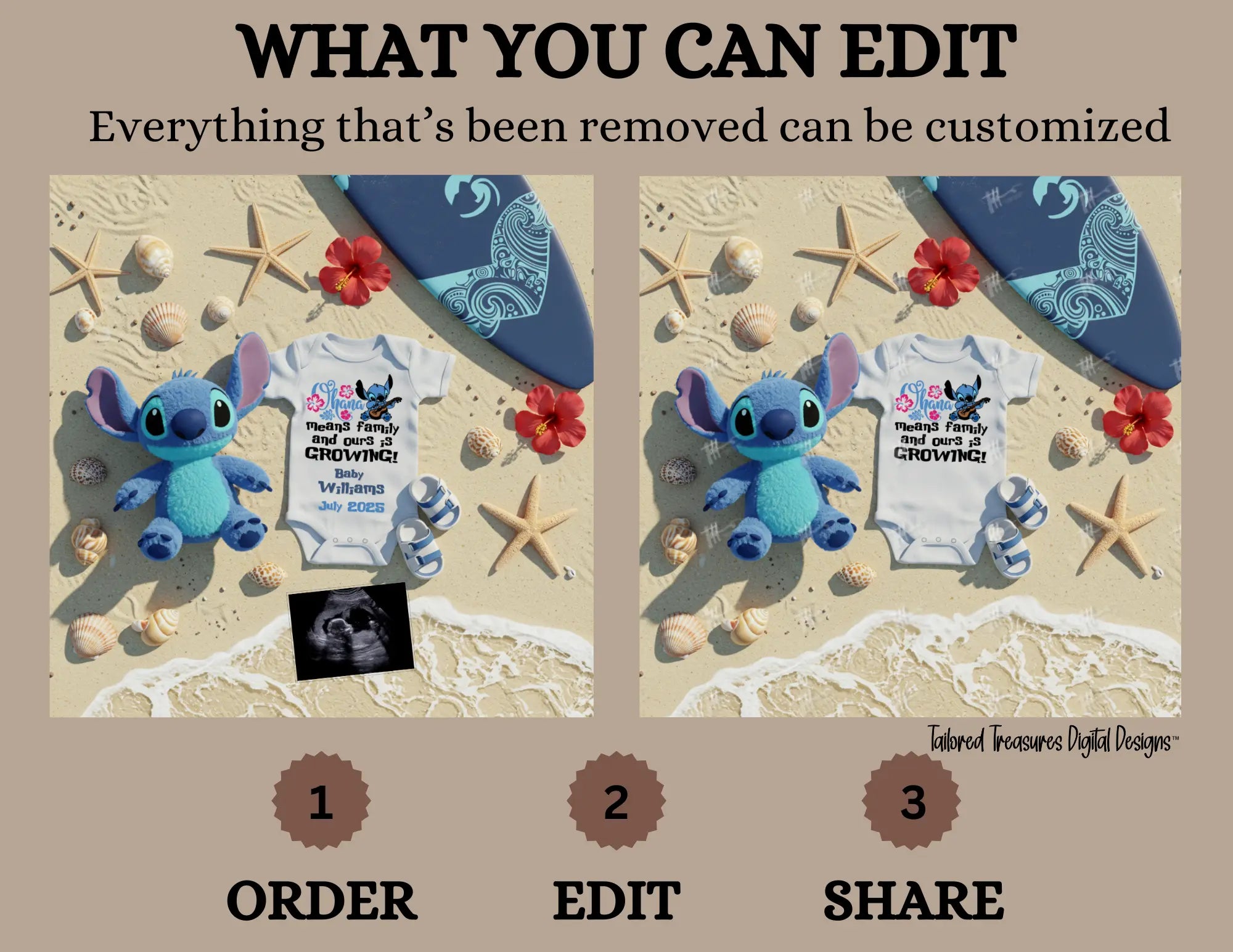 Digital Pregnancy Announcement, Ohana Means Family & Ours is Growing, Customizable Lilo & Stitch Themed, Personalized Editable Template TailoredTreasuresDigitalDesigns™