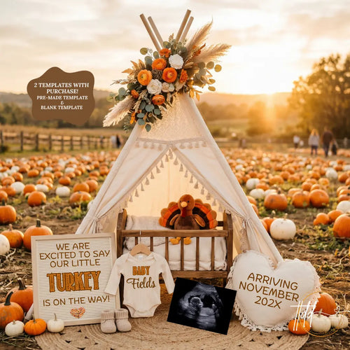Adding A Little Turkey, Fall Turkey Digital Pregnancy Announcement, Autumn Boho Themed, Instant Download Template TrendyCustomApparel™