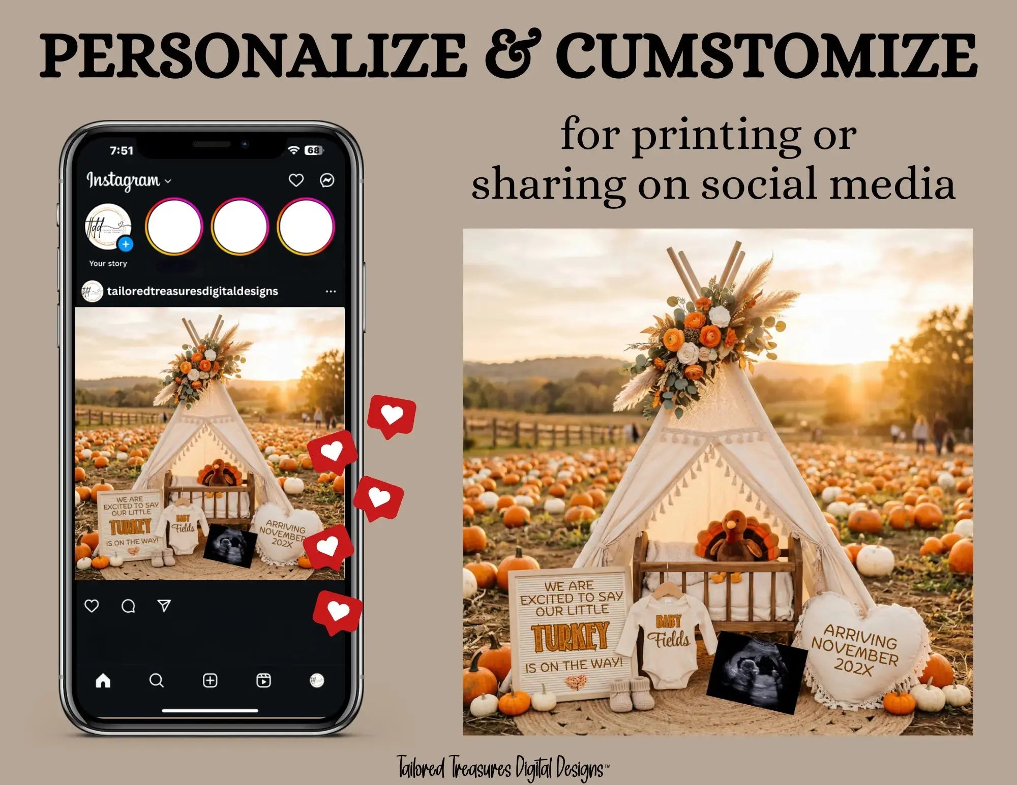 Adding A Little Turkey, Fall Turkey Digital Pregnancy Announcement, Autumn Boho Themed, Instant Download Template TrendyCustomApparel™