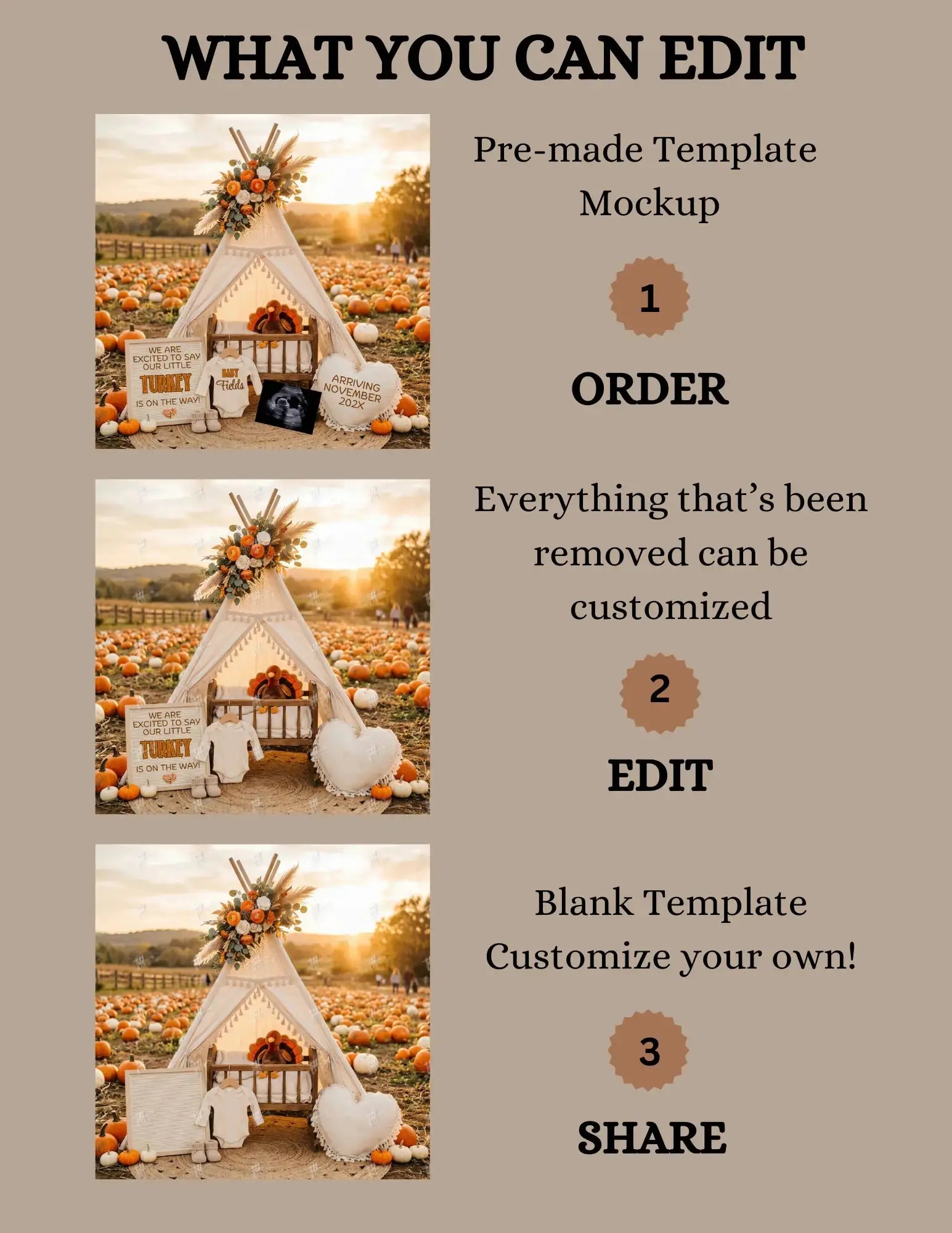 Adding A Little Turkey, Fall Turkey Digital Pregnancy Announcement, Autumn Boho Themed, Instant Download Template TrendyCustomApparel™