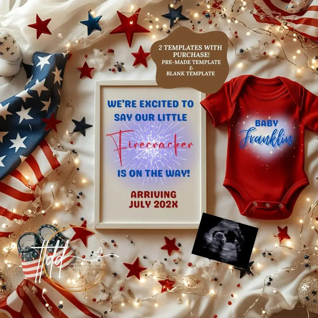 Digital Fireworks Pregnancy Announcement, Little Firecracker Coming, Customizable Independence Day Themed, Personalized Editable Template TailoredTreasuresDigitalDesigns™
