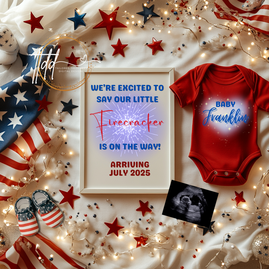 Digital Fireworks Pregnancy Announcement, Little Firecracker Coming, Customizable Independence Day Themed, Personalized Editable Template TailoredTreasuresDigitalDesigns™
