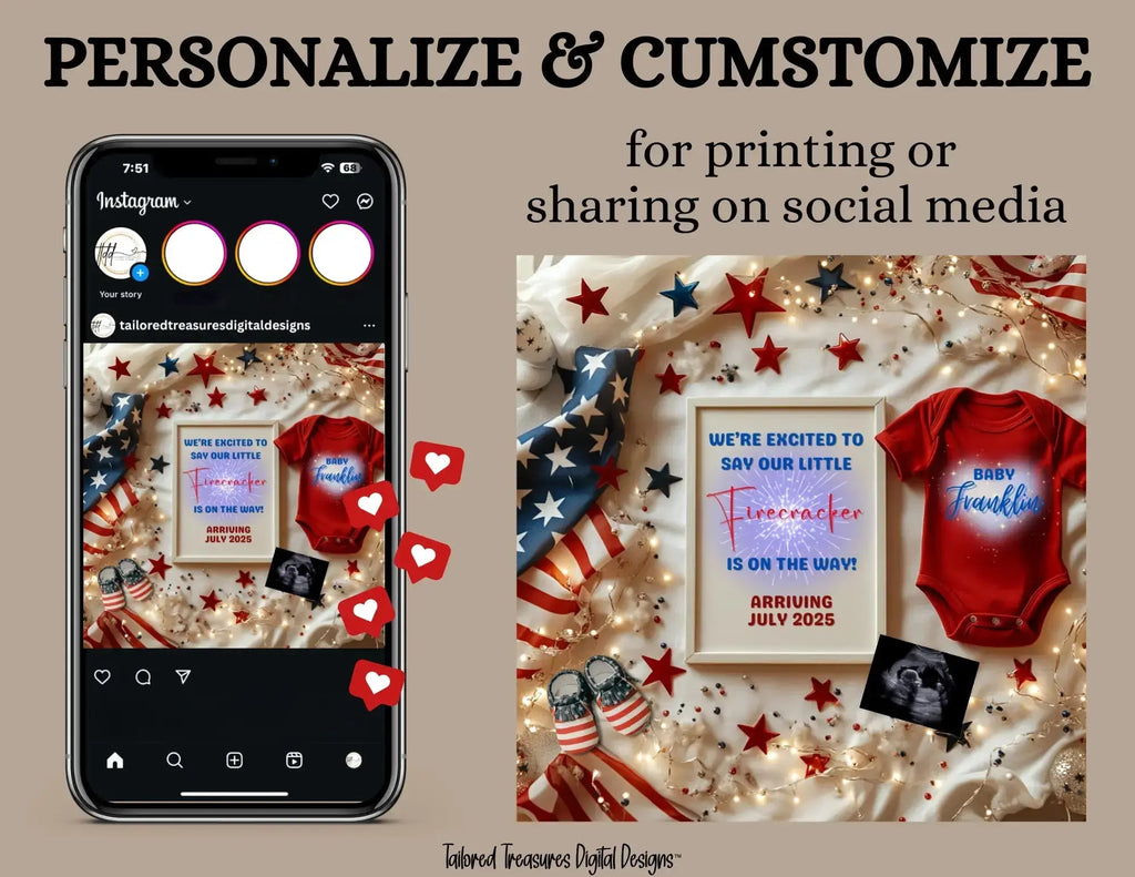 Digital Fireworks Pregnancy Announcement, Little Firecracker Coming, Customizable Independence Day Themed, Personalized Editable Template TailoredTreasuresDigitalDesigns™