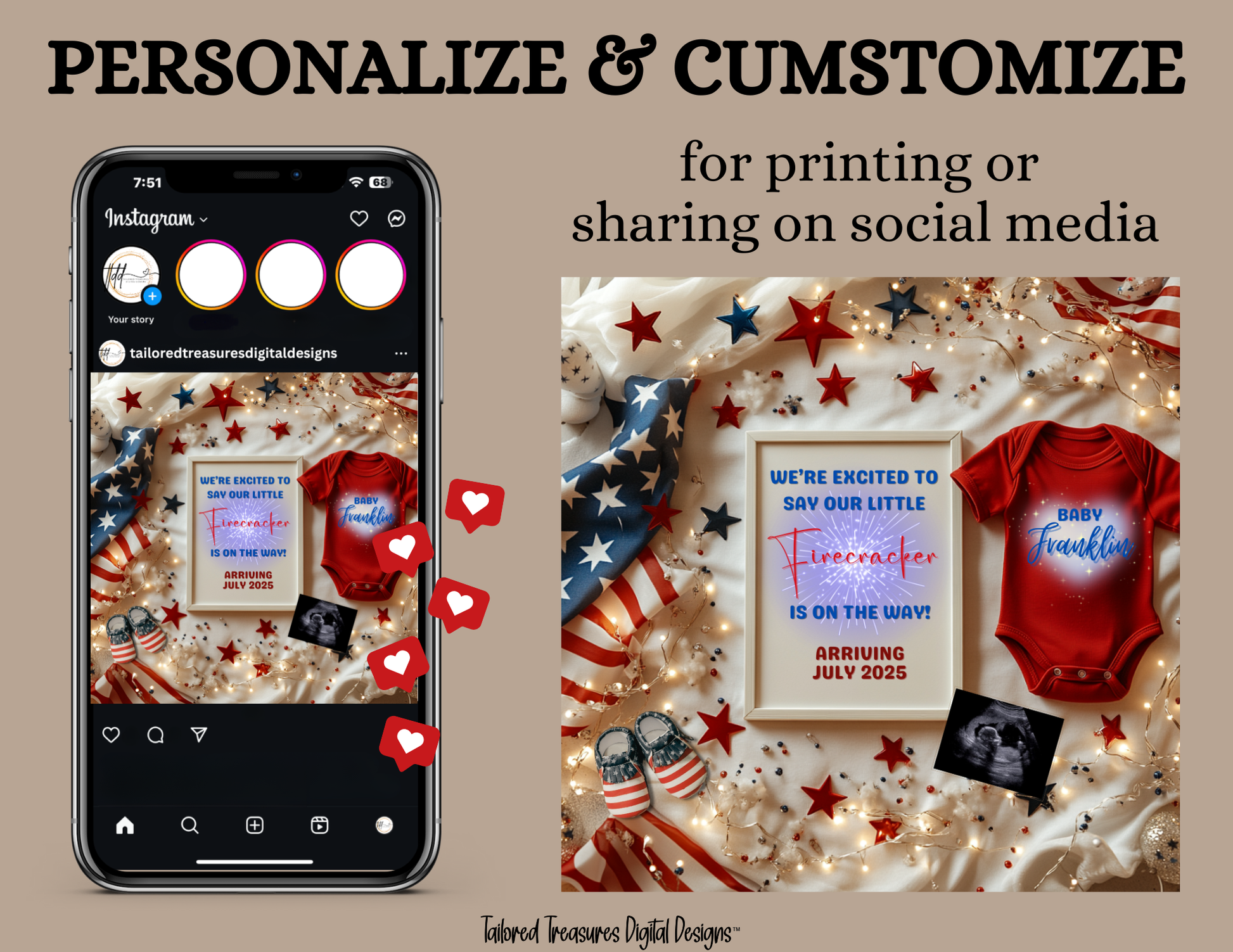 Digital Fireworks Pregnancy Announcement, Little Firecracker Coming, Customizable Independence Day Themed, Personalized Editable Template TailoredTreasuresDigitalDesigns™