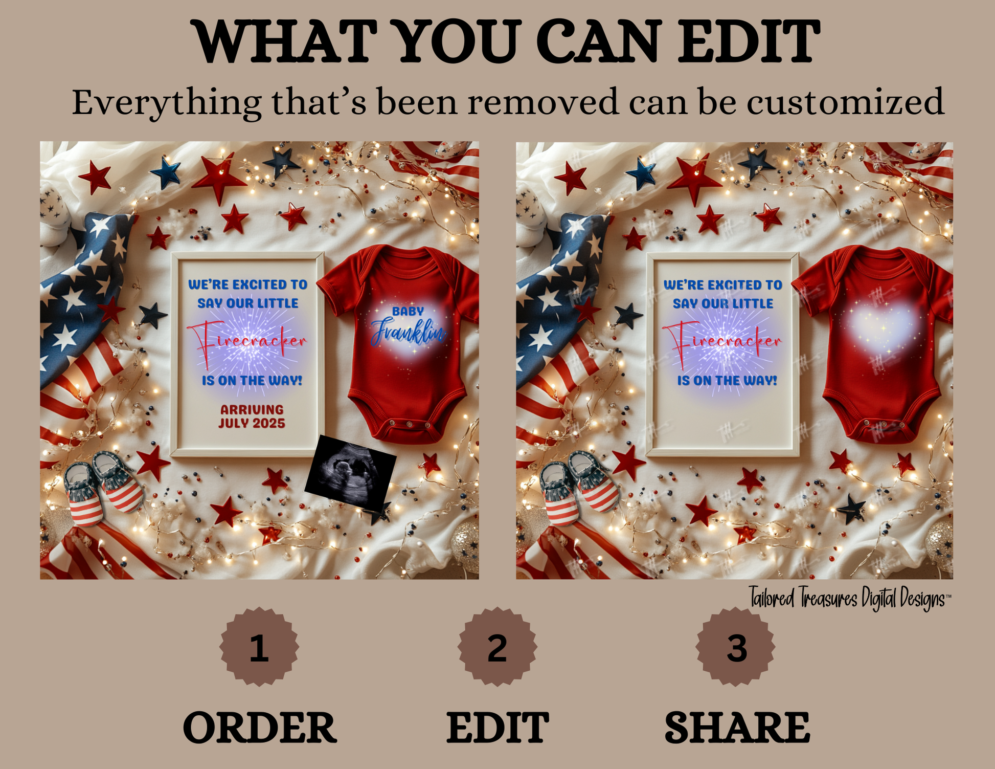 Digital Fireworks Pregnancy Announcement, Little Firecracker Coming, Customizable Independence Day Themed, Personalized Editable Template TailoredTreasuresDigitalDesigns™