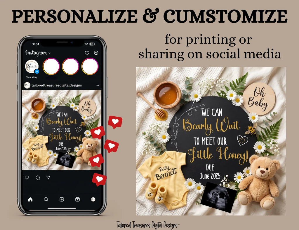 We Can Bearly Wait to Meet Our Little Honey Pregnancy Announcement Template | Fully Editable Digital Download TailoredTreasuresDigitalDesigns™