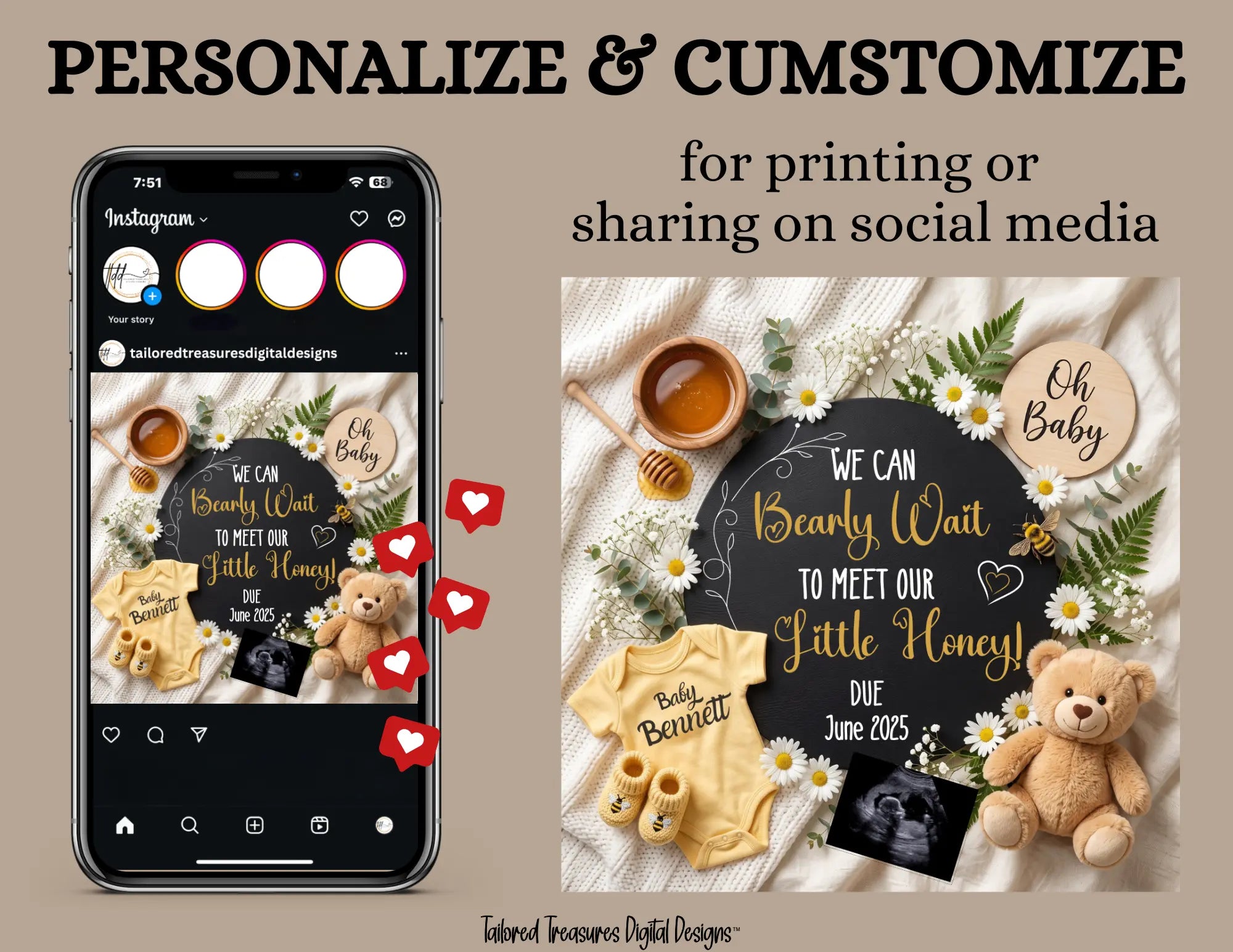 We Can Bearly Wait to Meet Our Little Honey Pregnancy Announcement Template | Fully Editable Digital Download TailoredTreasuresDigitalDesigns™