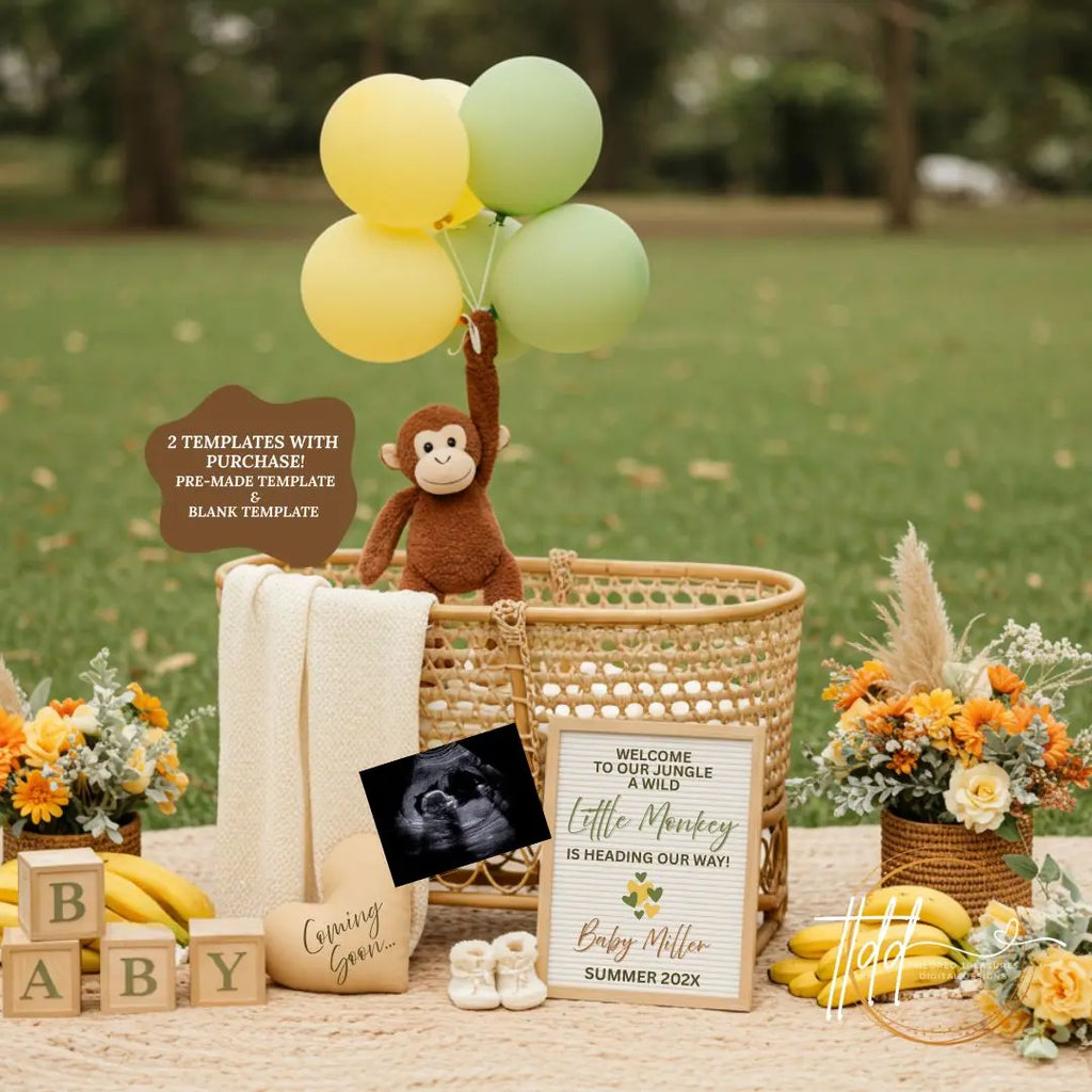 A Wild Little Monkey is Coming, Monkey Digital Pregnancy Announcement, Customizable Canva Editable Template, Gender Neutral Baby Reveal - TailoredTreasuresDigitalDesigns™