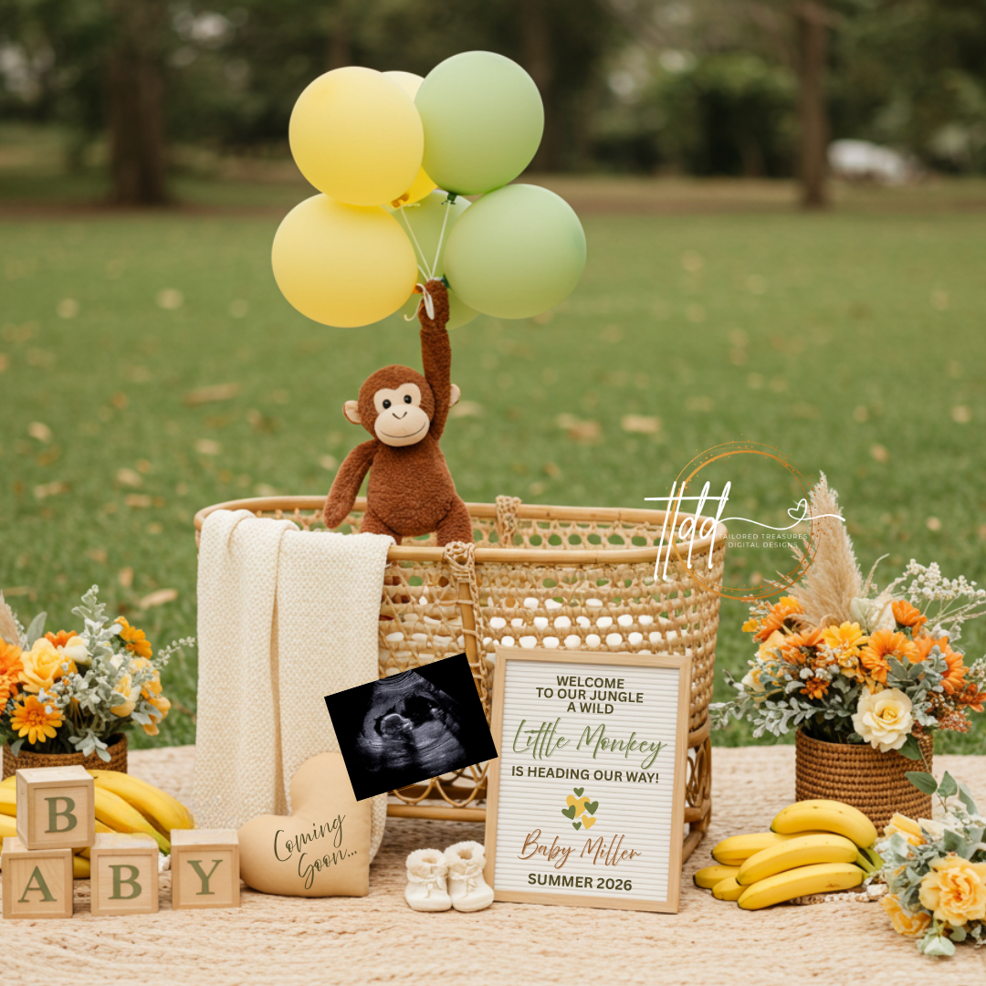 Baby reveal setup with balloons, monkey plush toy, and baby announcement sign outdoors.