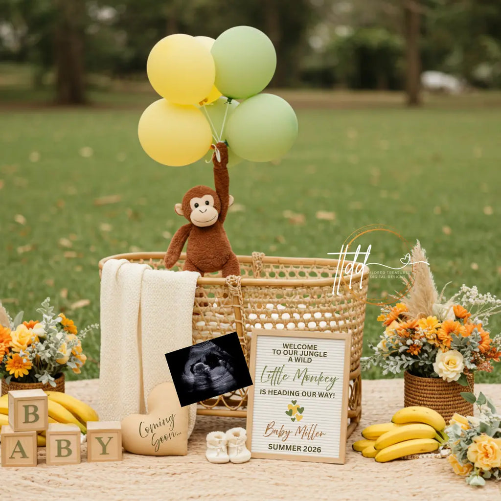 A Wild Little Monkey is Coming, Monkey Digital Pregnancy Announcement, Customizable Canva Editable Template, Gender Neutral Baby Reveal - TailoredTreasuresDigitalDesigns™