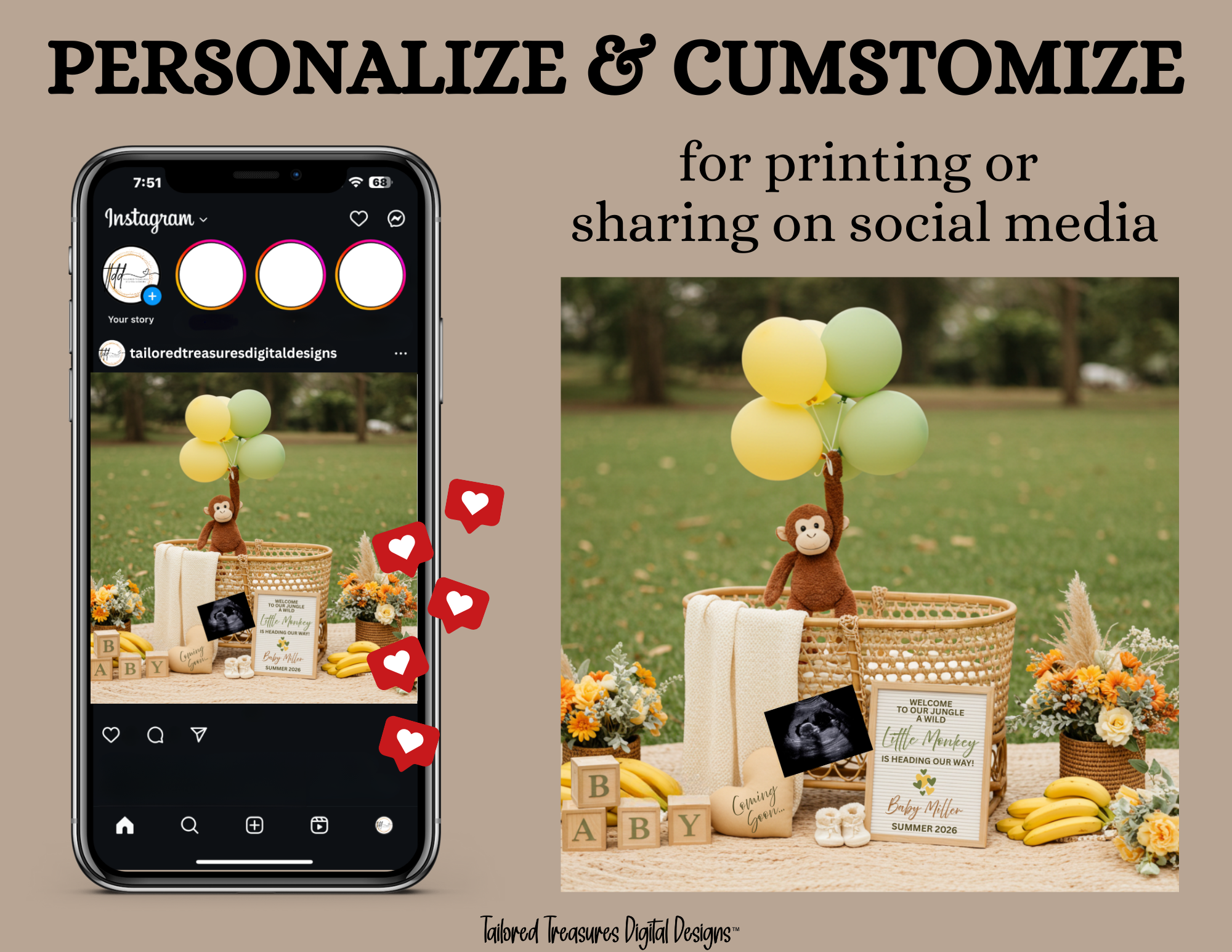 Phone screen with Instagram interface and outdoor scene with balloons and baby shower decorations.