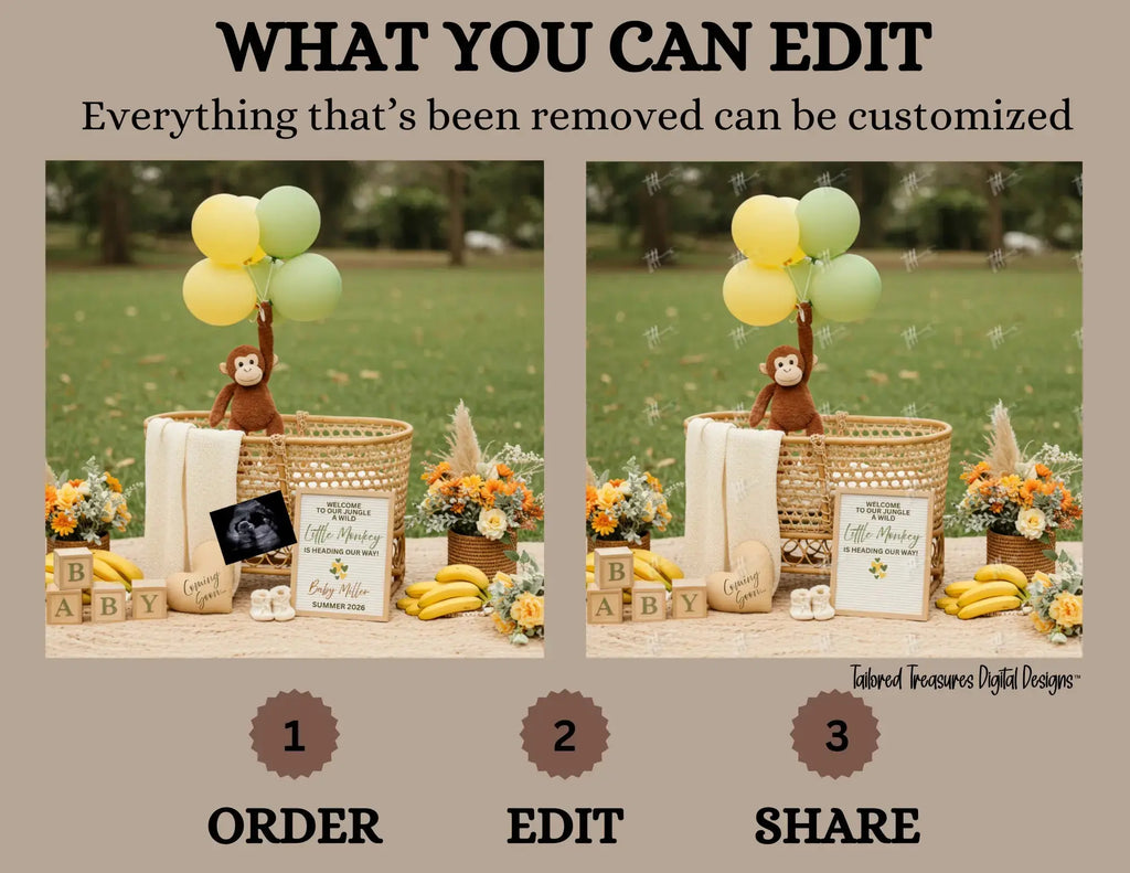 A Wild Little Monkey is Coming, Monkey Digital Pregnancy Announcement, Customizable Canva Editable Template, Gender Neutral Baby Reveal - TailoredTreasuresDigitalDesigns™