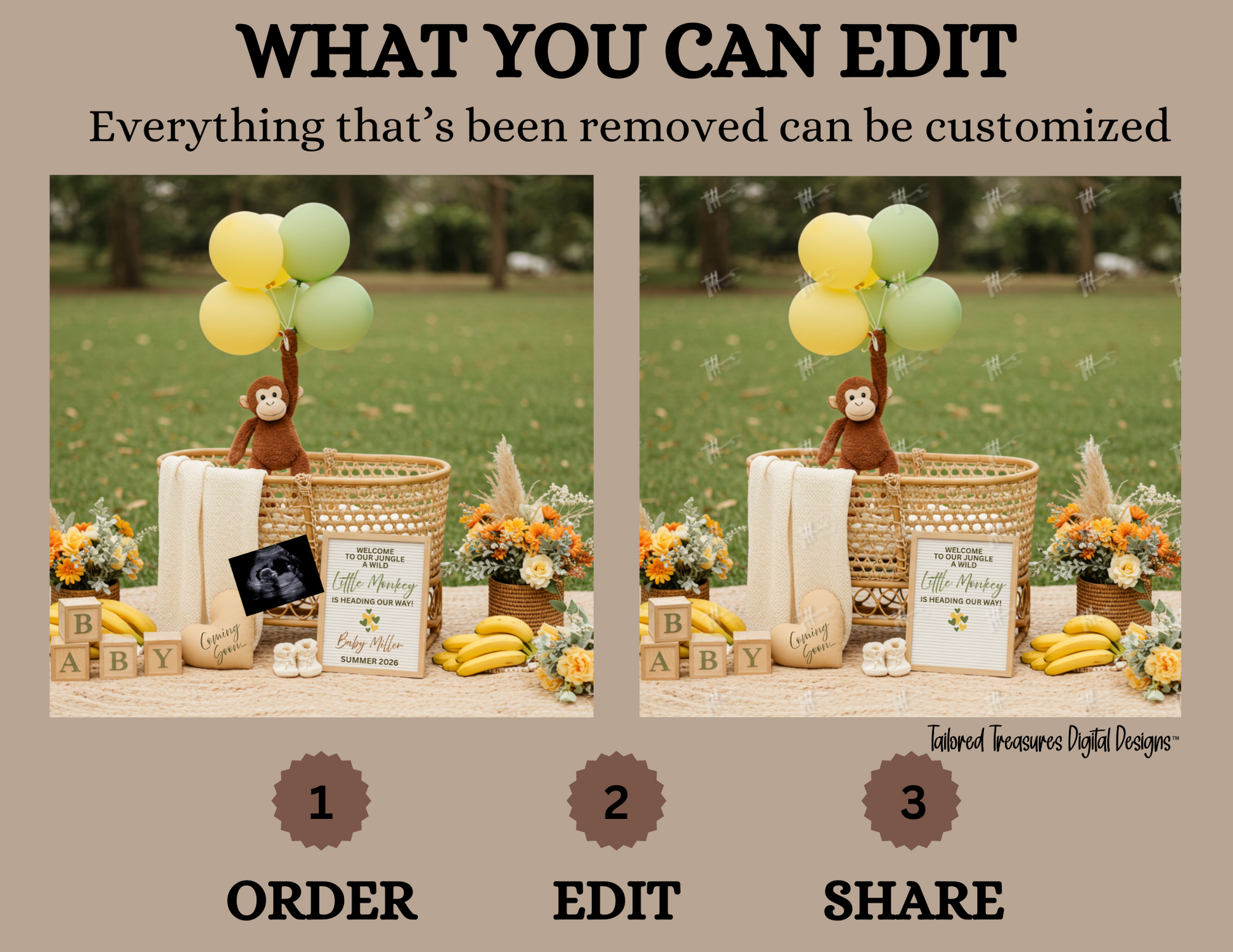 Digital design software interface showing a customizable baby shower setup with balloons and decorations.