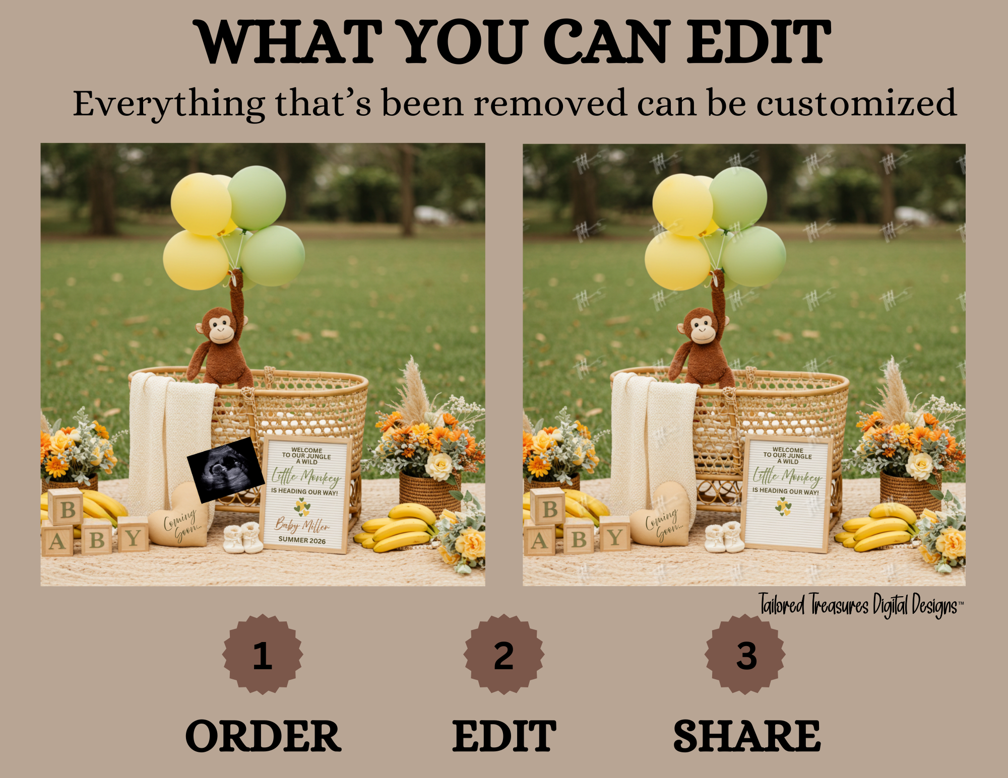 Digital design software interface showing a customizable baby shower setup with balloons and decorations.