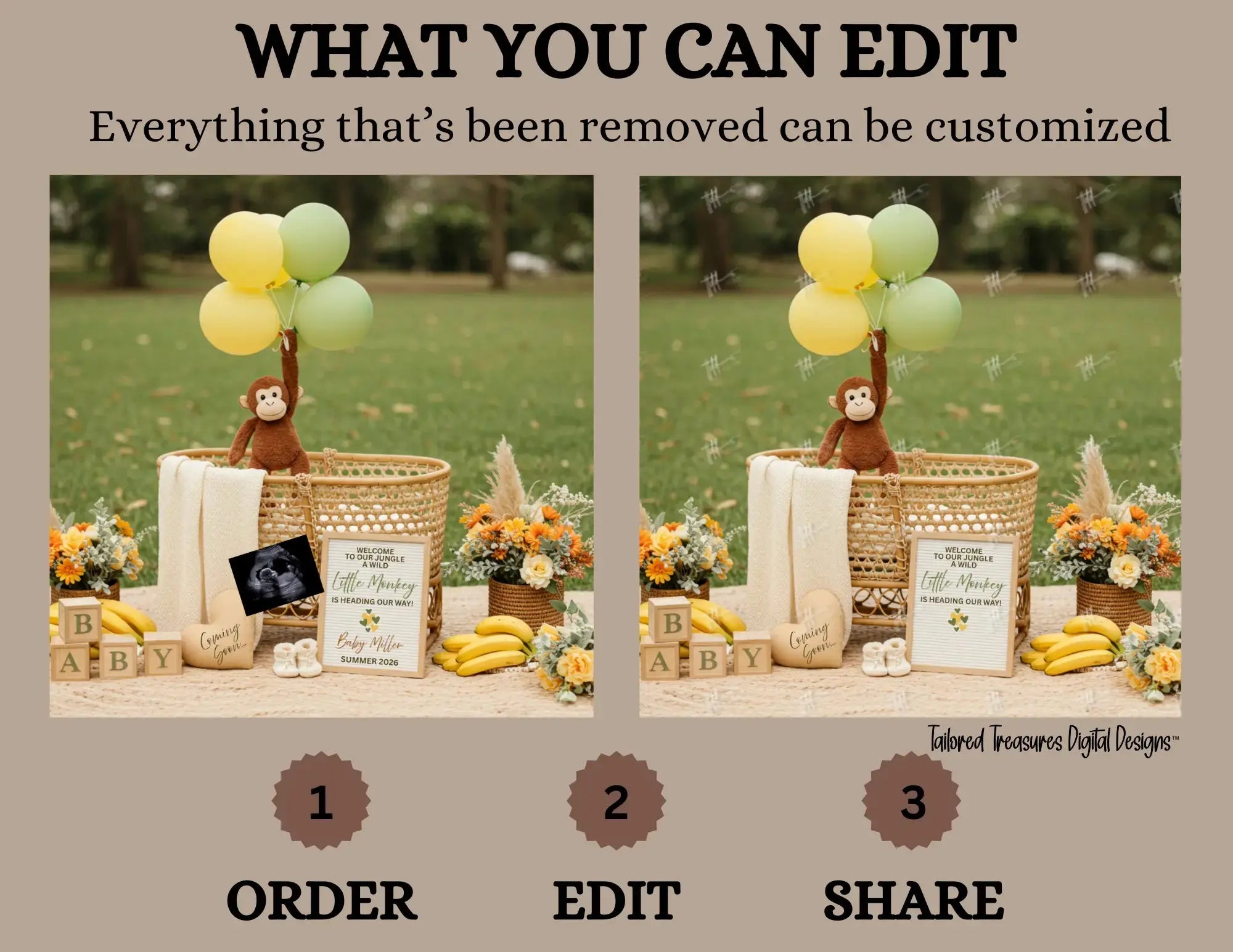 A Wild Little Monkey is Coming, Monkey Digital Pregnancy Announcement, Customizable Canva Editable Template, Gender Neutral Baby Reveal - TailoredTreasuresDigitalDesigns™