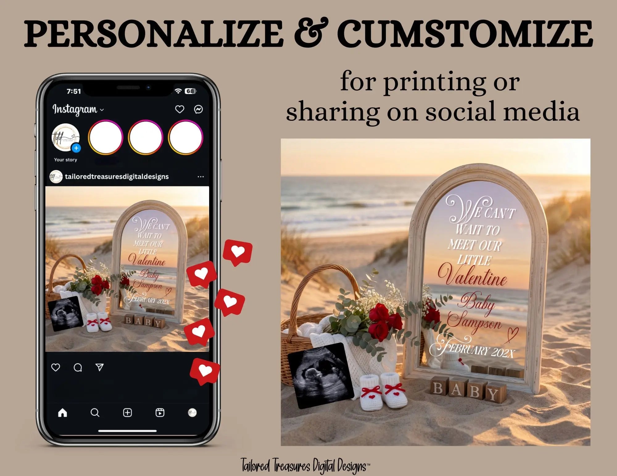 Digital Valentine's Pregnancy Announcement, Unexpected Baby, Customizable February Themed, Personalized Editable Template TailoredTreasuresDigitalDesigns™