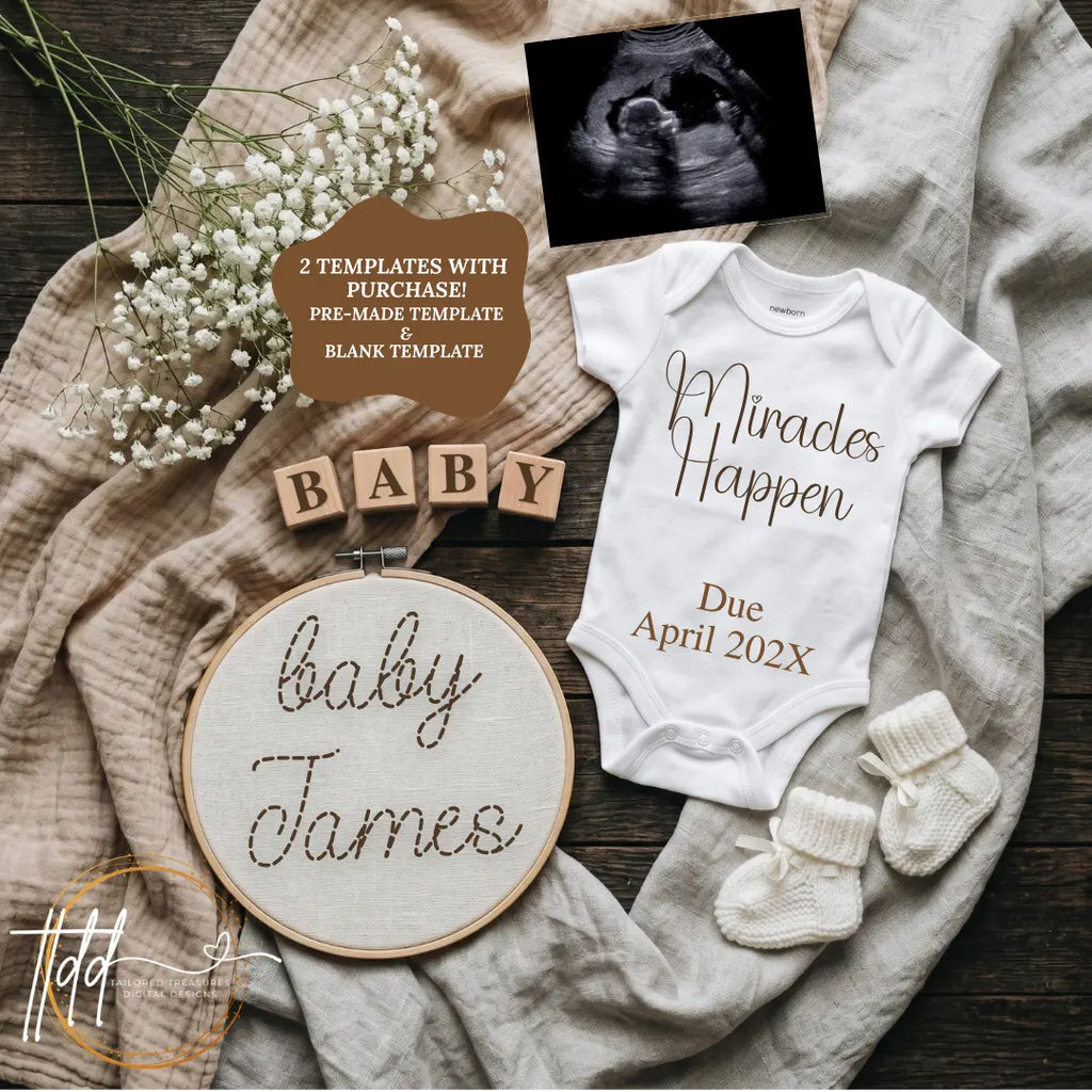Miracles Happen, Digital Pregnancy Announcement, Gender Neutral, Customizable Hand Embroidered Themed, Canva Instant Download Editable Template - TailoredTreasuresDigitalDesigns™