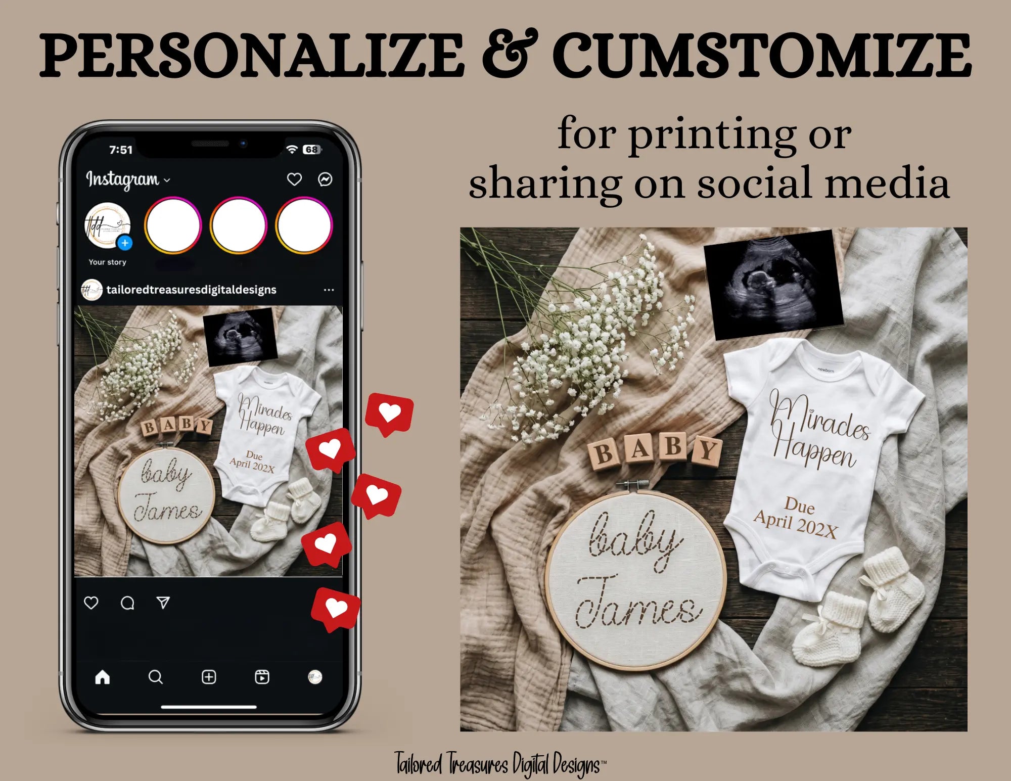 Miracles Happen, Digital Pregnancy Announcement, Gender Neutral, Customizable Hand Embroidered Themed, Canva Instant Download Editable Template - TailoredTreasuresDigitalDesigns™