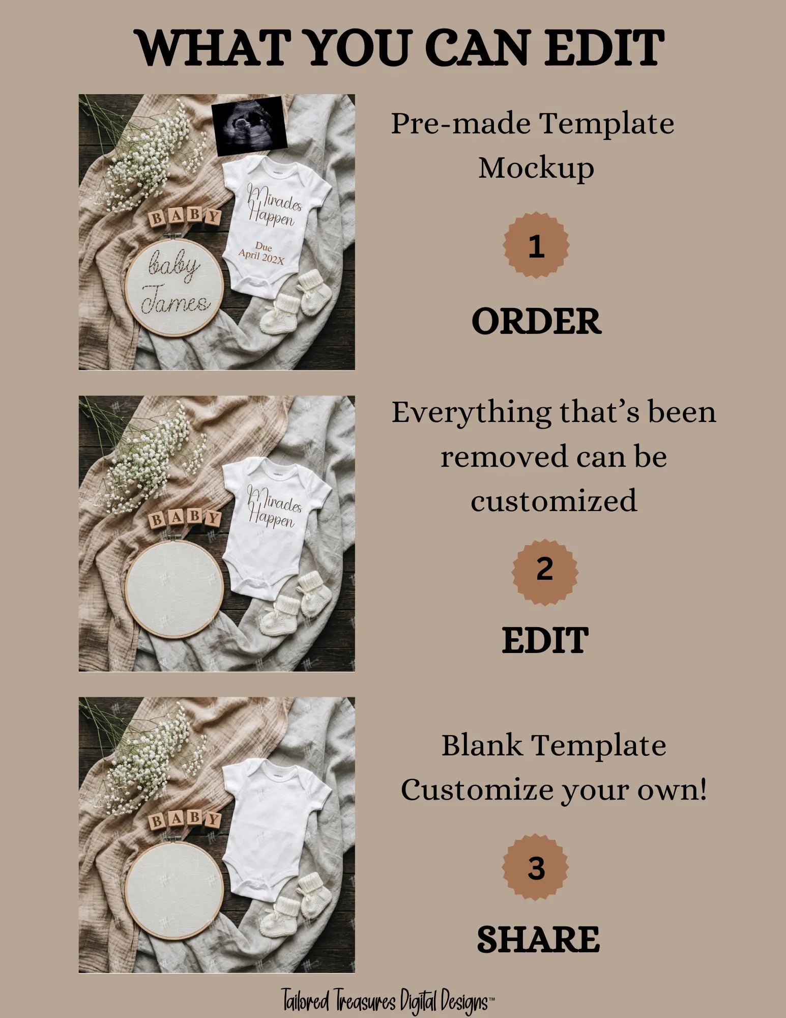 Miracles Happen, Digital Pregnancy Announcement, Gender Neutral, Customizable Hand Embroidered Themed, Canva Instant Download Editable Template - TailoredTreasuresDigitalDesigns™