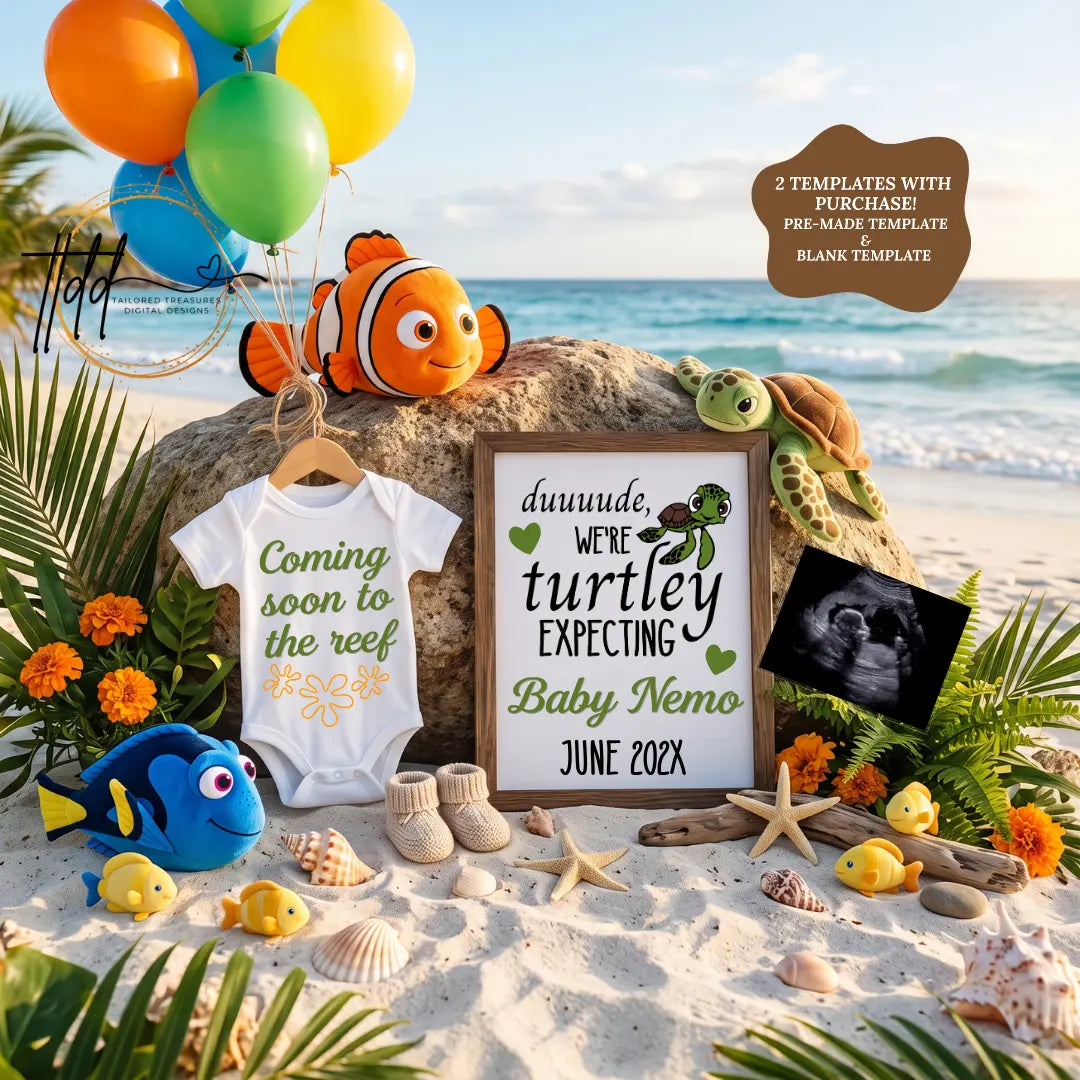 Beach Finding Nemo & Crush Turtle Disney Pregnancy Announcement Template | Editable Canva | Instant Download
