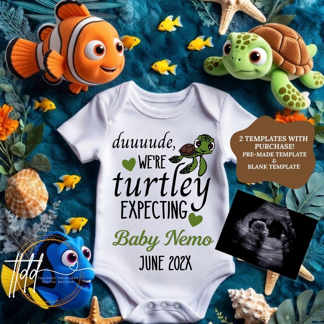 Finding Nemo Turtle Baby Reveal Digital Editable Template, Disney Canva Instant Download
