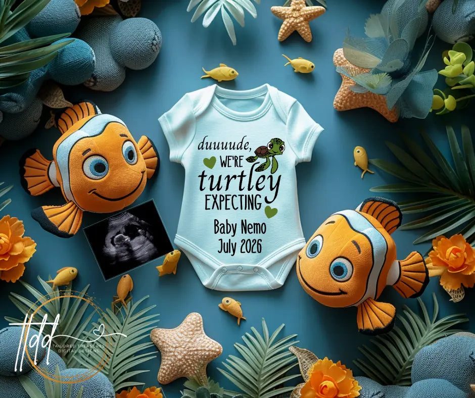 Digital Pregnancy Announcement, Dude We’re Turtley Expecting, Customizable Finding Nemo Themed, Personalized Editable Template TailoredTreasuresDigitalDesigns™