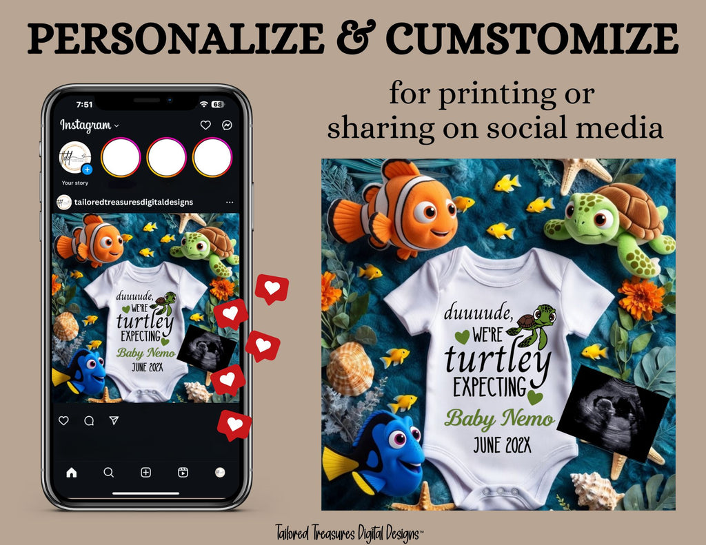 Finding Nemo Turtle Baby Reveal Digital Editable Template, Disney Canva Instant Download