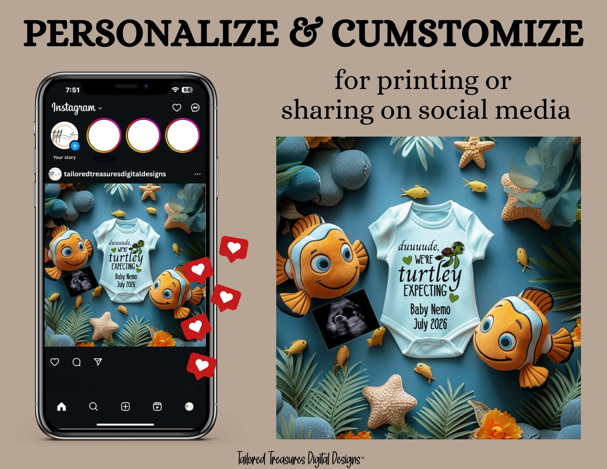 Digital Pregnancy Announcement, Dude We’re Turtley Expecting, Customizable Finding Nemo Themed, Personalized Editable Template TailoredTreasuresDigitalDesigns™