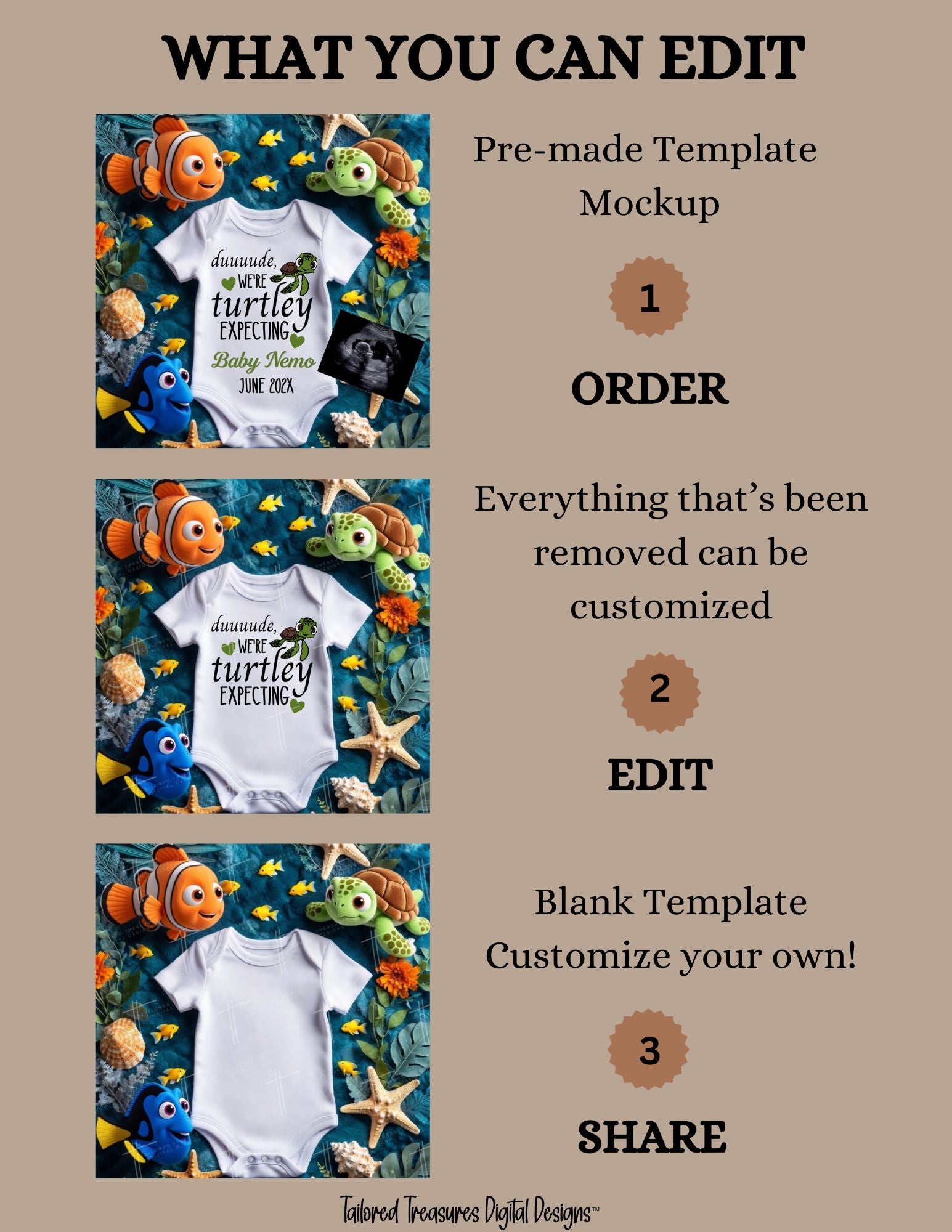 Finding Nemo Turtle Baby Reveal Digital Editable Template, Disney Canva Instant Download