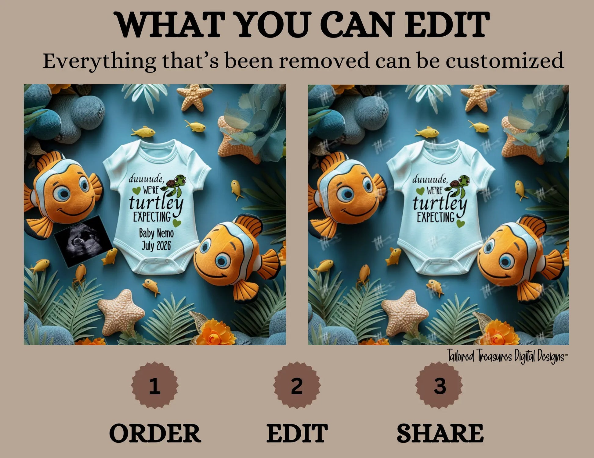 Digital Pregnancy Announcement, Dude We’re Turtley Expecting, Customizable Finding Nemo Themed, Personalized Editable Template TailoredTreasuresDigitalDesigns™