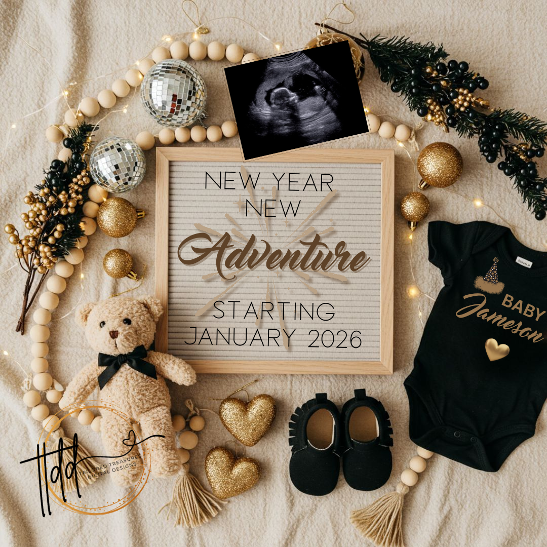 New y\Years baby-themed items including a teddy bear, baby shoes, and a sign reading 'New Year New Adventure Starting January 2026'.