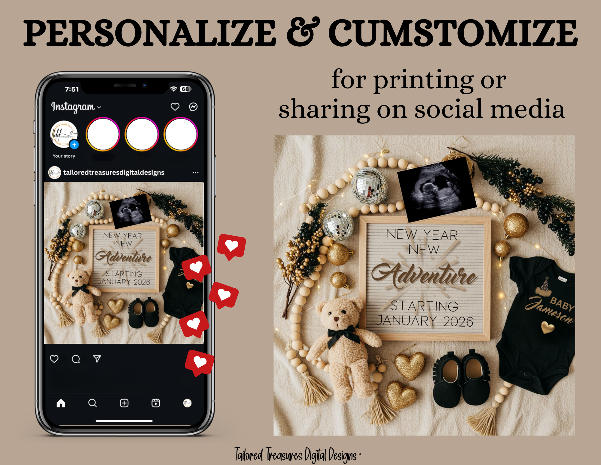 Phone screen showing social media post with baby-themed decor including a teddy bear, sign, and shoes.