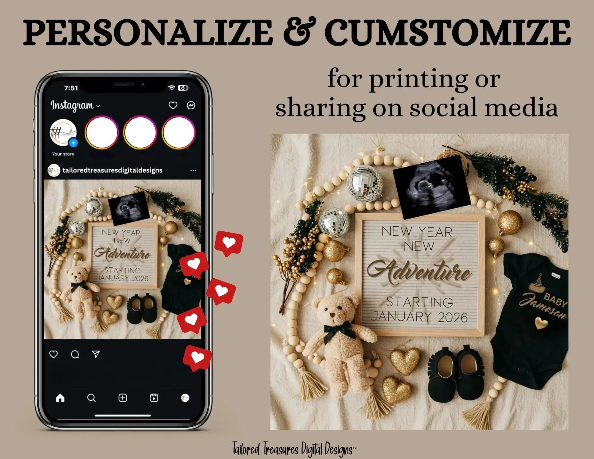 Phone screen showing social media post with baby-themed decor including a teddy bear, sign, and shoes.