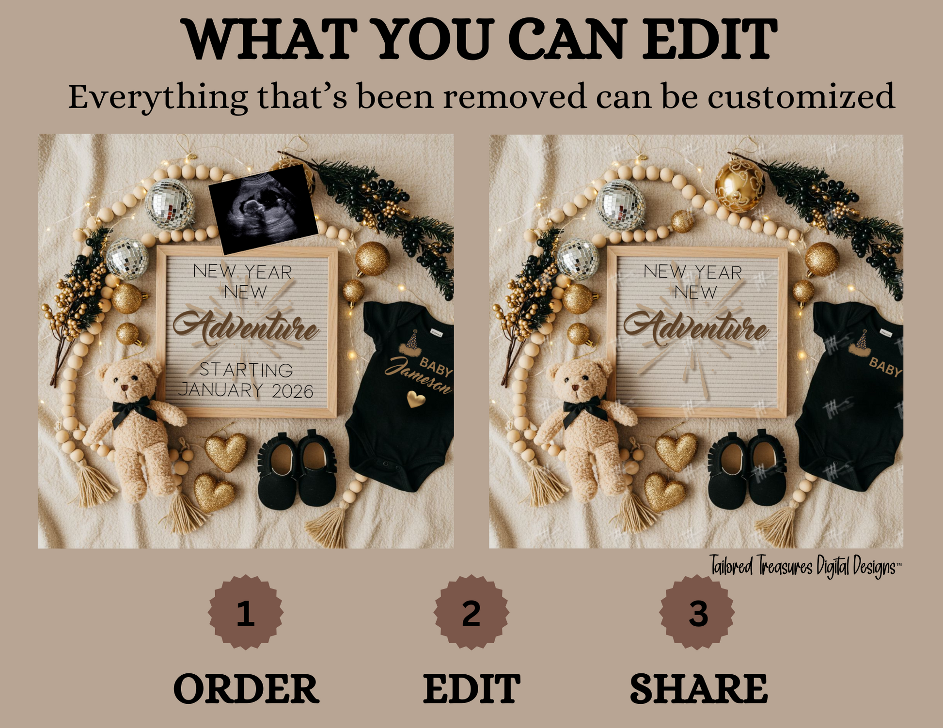 Decorative setup with a sign, teddy bear, baby shoes, and other items on a beige background.