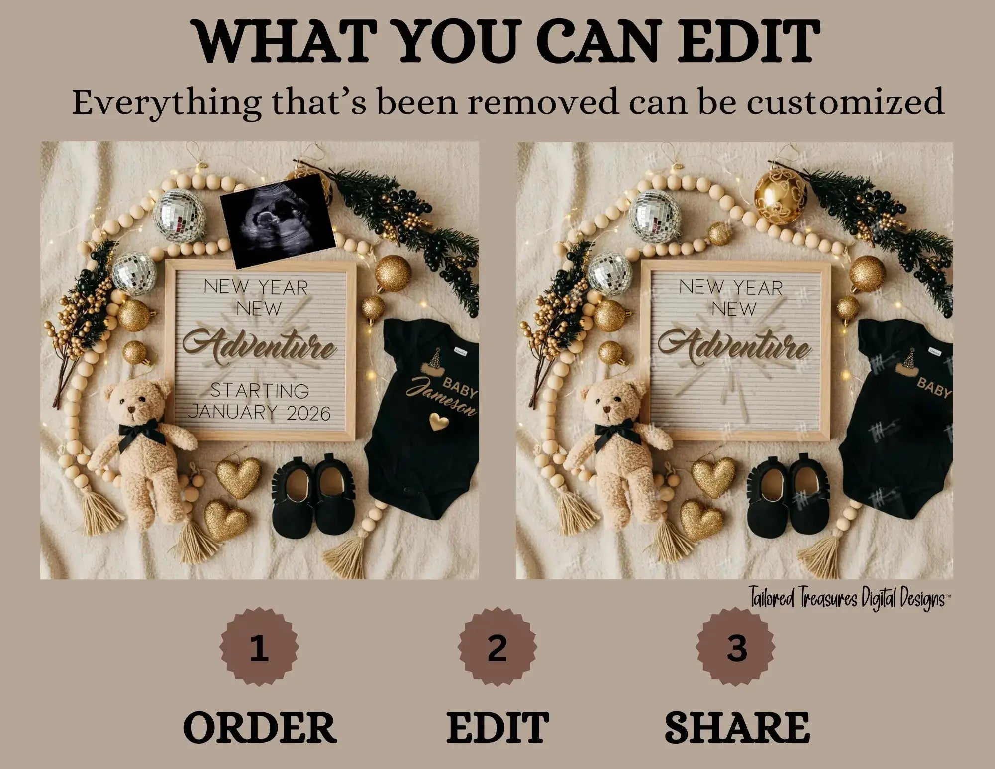 Decorative setup with a sign, teddy bear, baby shoes, and other items on a beige background.