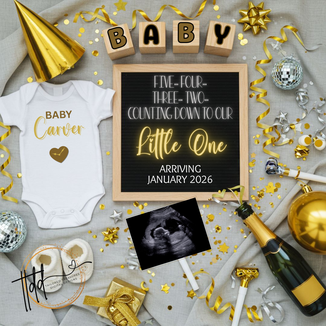 Baby reveal new years setup with baby onesie, sign, champagne, and decorations on a light background