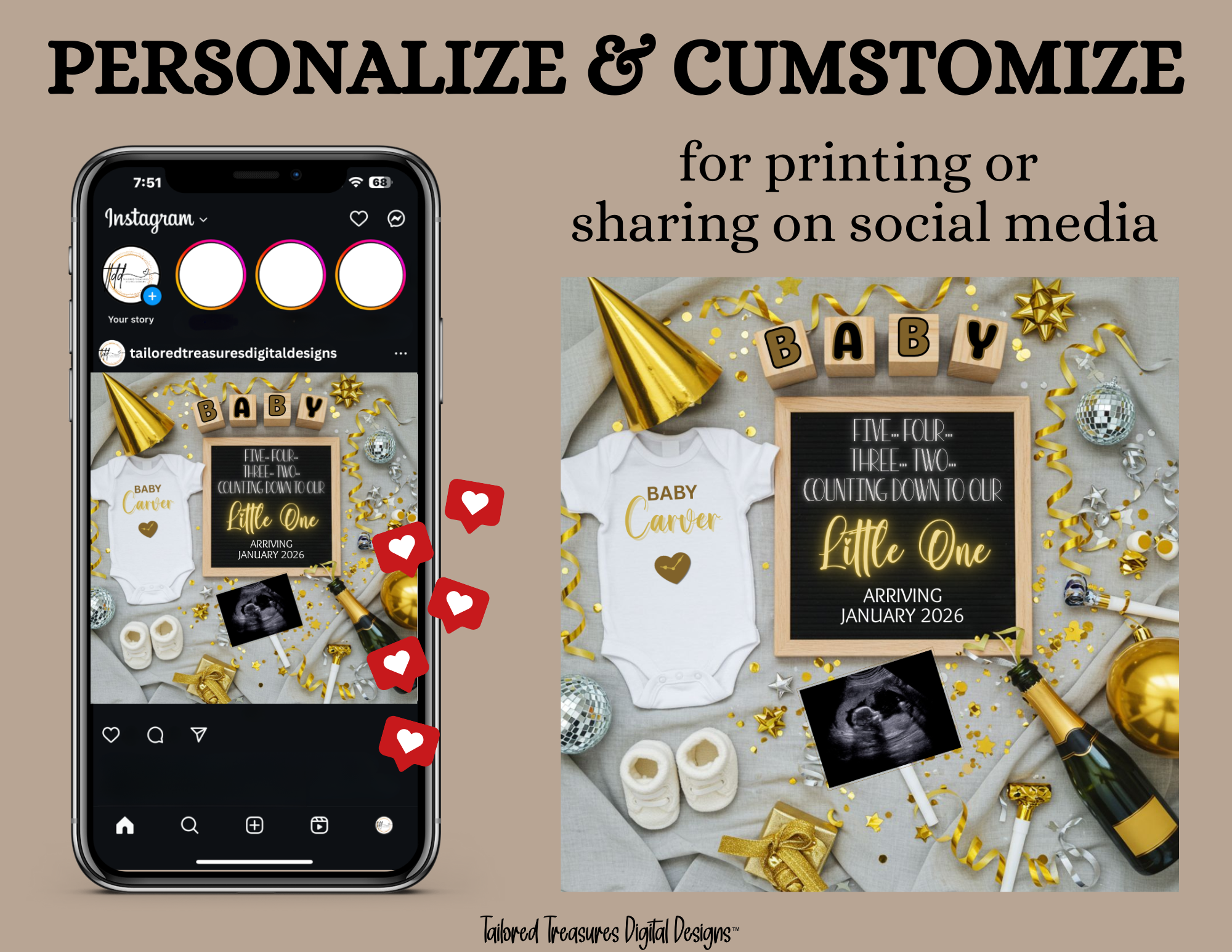 Phone screen with social media app interface and baby-themed design elements on a beige background.